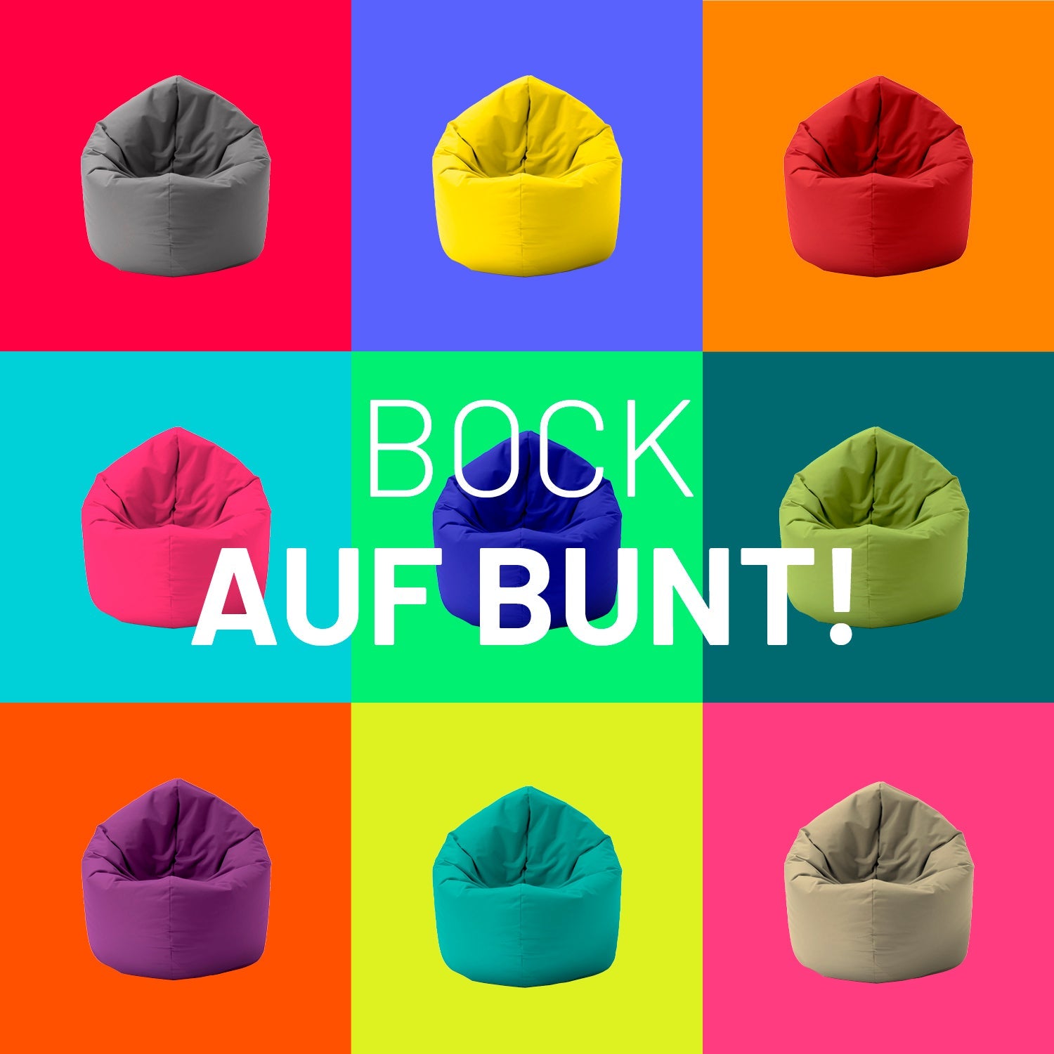 Neun verschiedene Farben des LUMALAND Runden Sitzsack 2 in 1 vor Kontrastfarben in Kacheln - Bock auf Bunt!