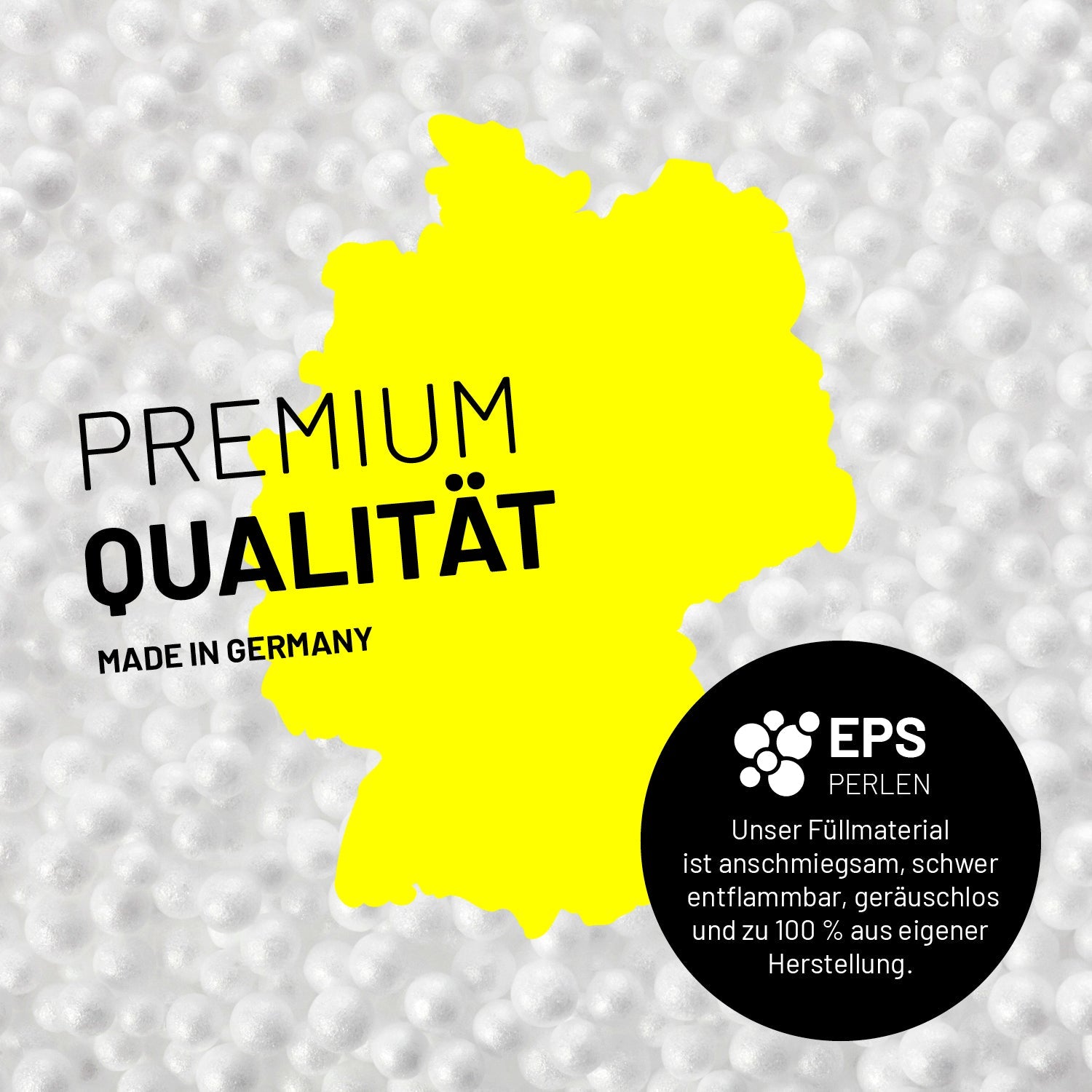 Umrisse der Deutschland-Karte mit Hinweis auf die EPS-Perlen und LUMALAND Germany 5 Jahre Garantie auf die Aussenhülle.