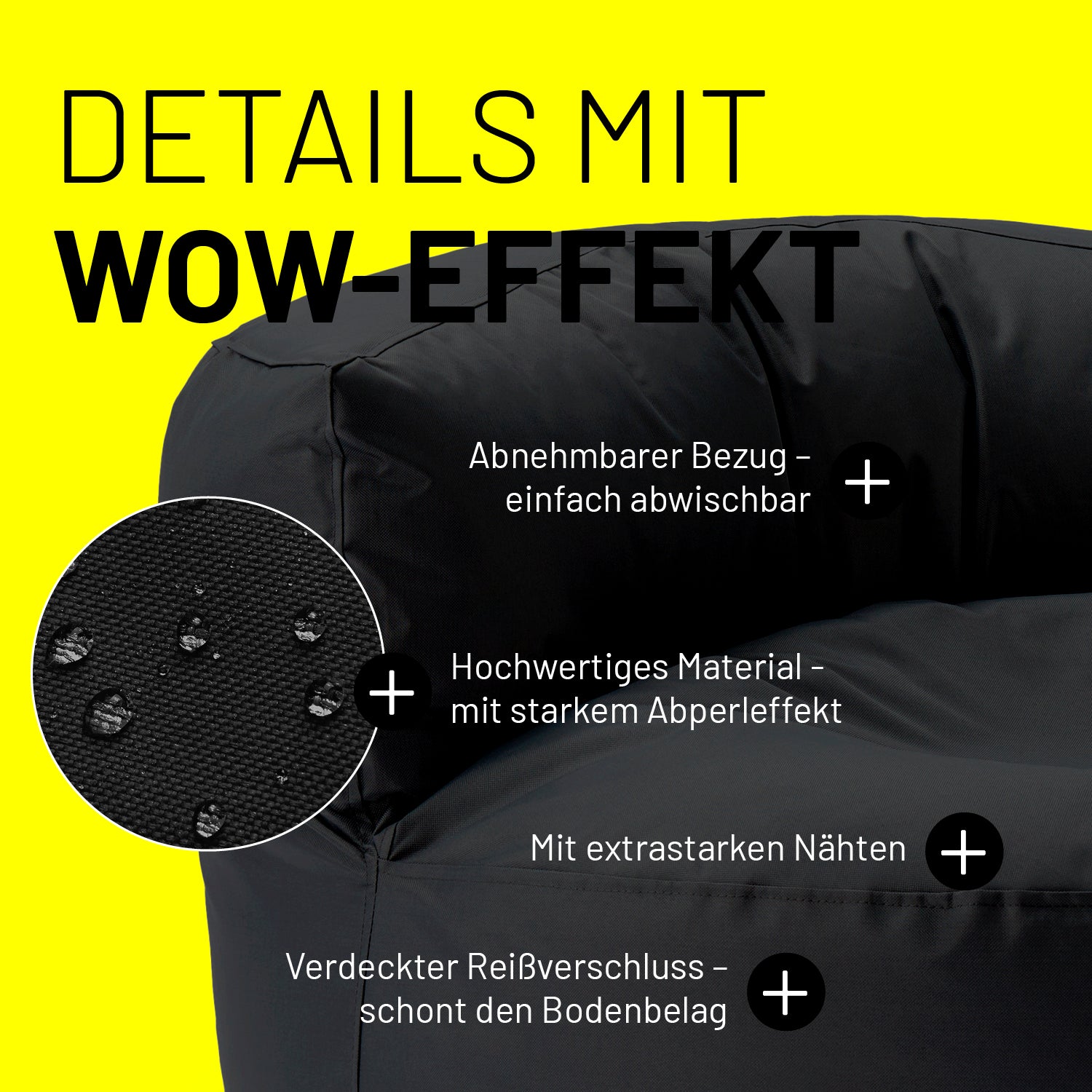 Schwarzes Sitzsack-Sofa im Detail mit Informationen zu "Abwischbarer Bezug", "Verdeckter Reißverschluss" und "Extrastarke Nähte".