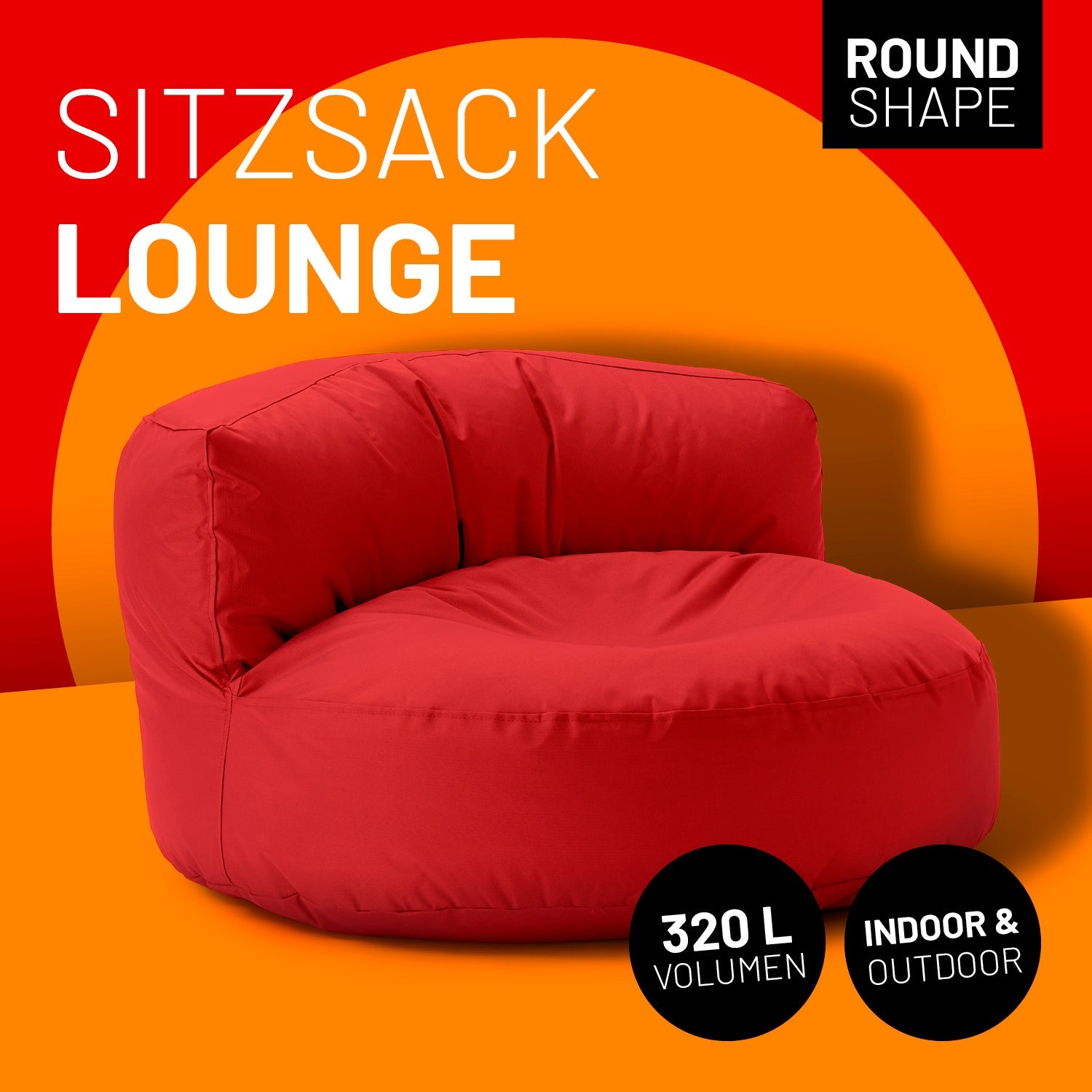 Lounge Sitzsack-Sofa in Rot mit Icon "Round Shape", "320 L Volumen" und "Indoor & Outdoor".