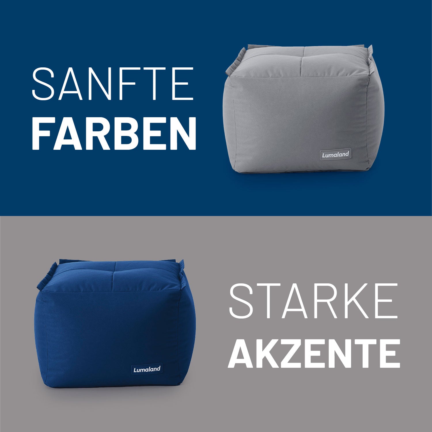 Hocker in Grau und Navyblau auf Kontrastfarbe - Sanfte Farben & Starke Akzente.