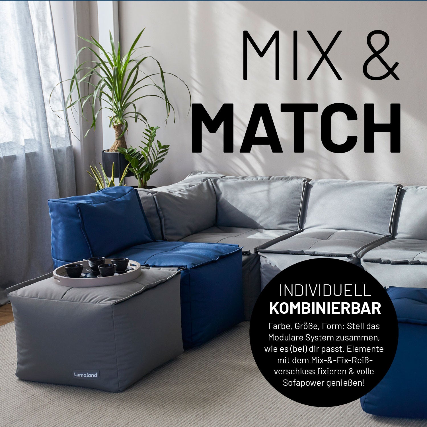 Graue und Navyblaue Sitzmöbel im Wohnzimmer mit Mix-&-Fix-Reißverschlusses kombinierbar nach Farbe, Größe oder Form.