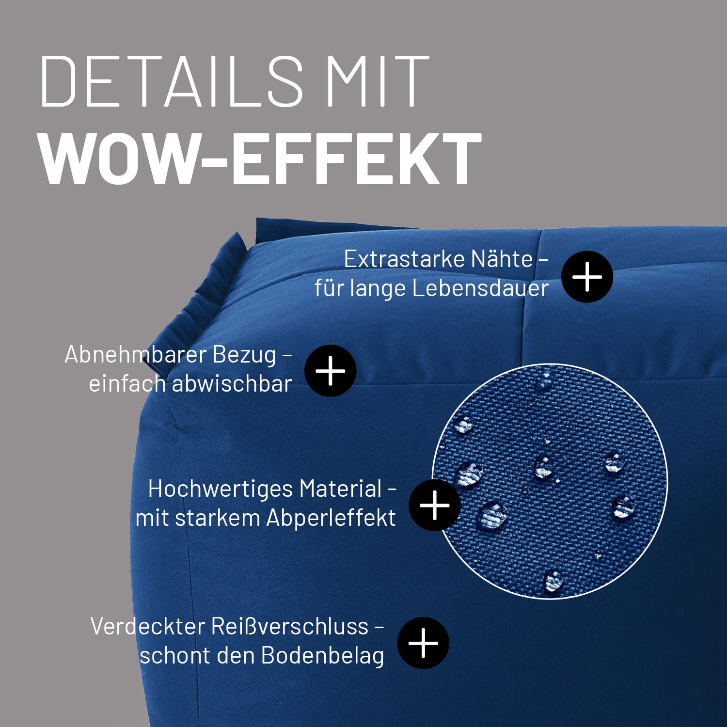 Hocker im Detail mit Informationen zu "Waschbarer Bezug", "Verdeckter Reißverschluss", Abperleffekt" und "Extrastarke Nähte".