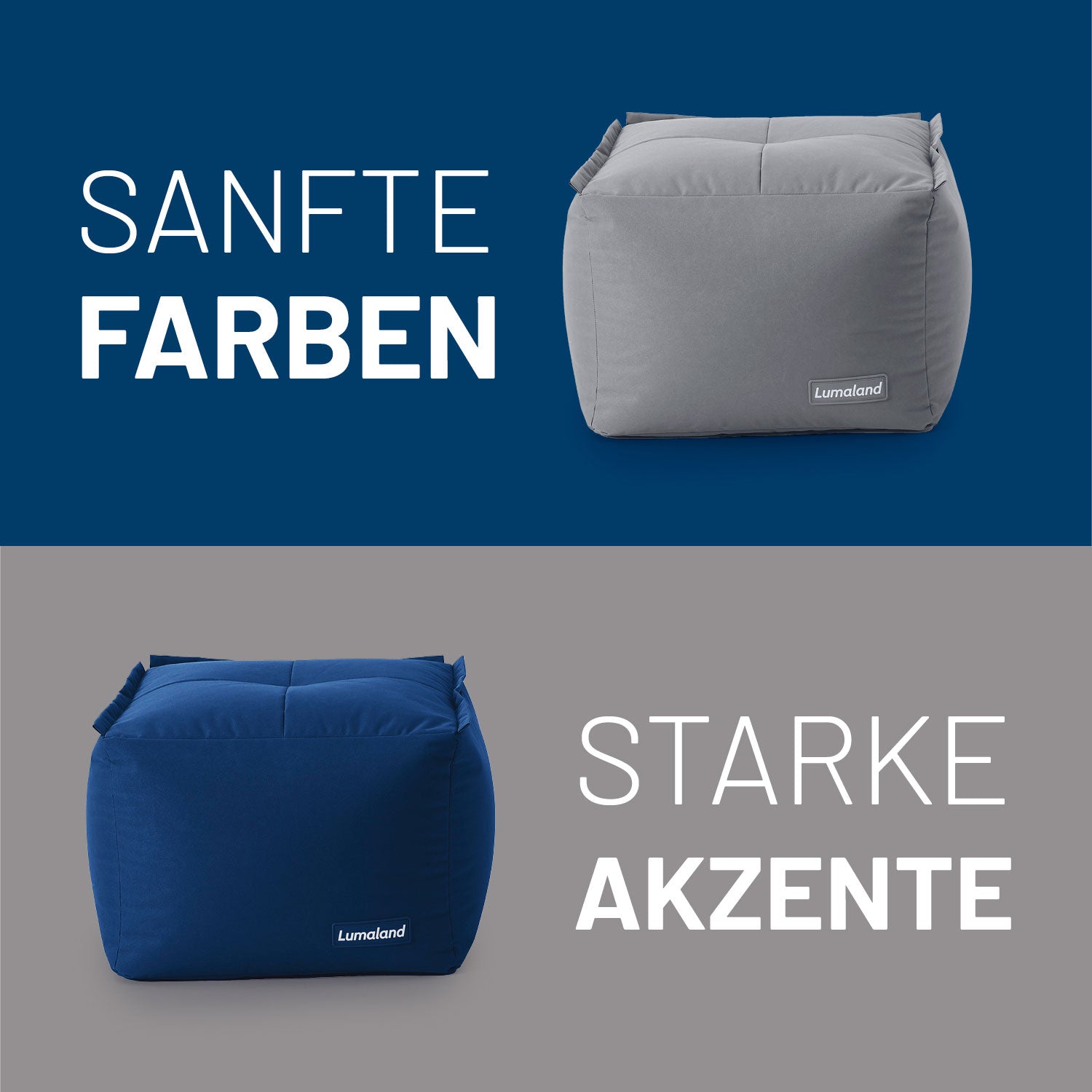 Hocker in Grau und Navyblau auf Kontrastfarbe - Sanfte Farben & Starke Akzente.