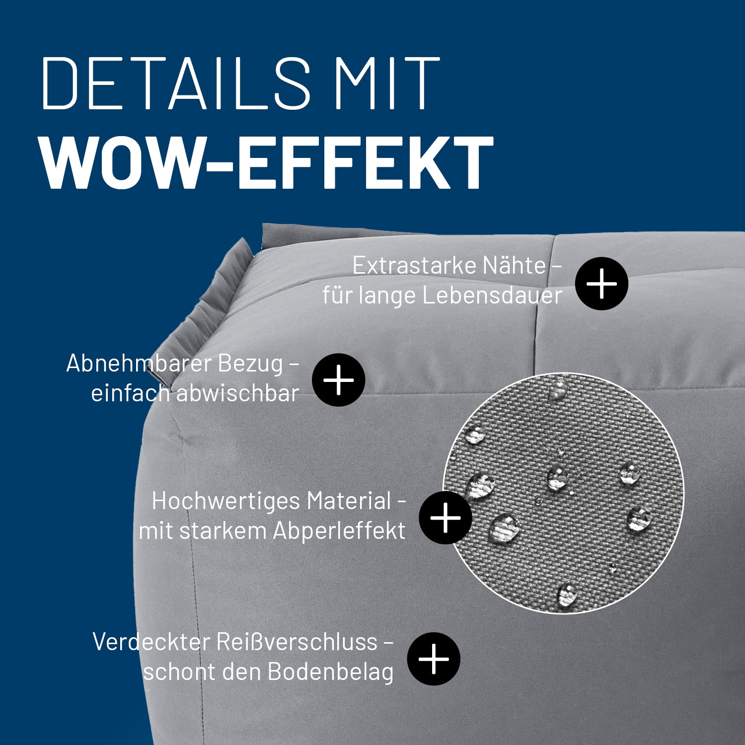 Hocker im Detail mit Informationen zu "Waschbarer Bezug", "Verdeckter Reißverschluss", Abperleffekt" und "Extrastarke Nähte".