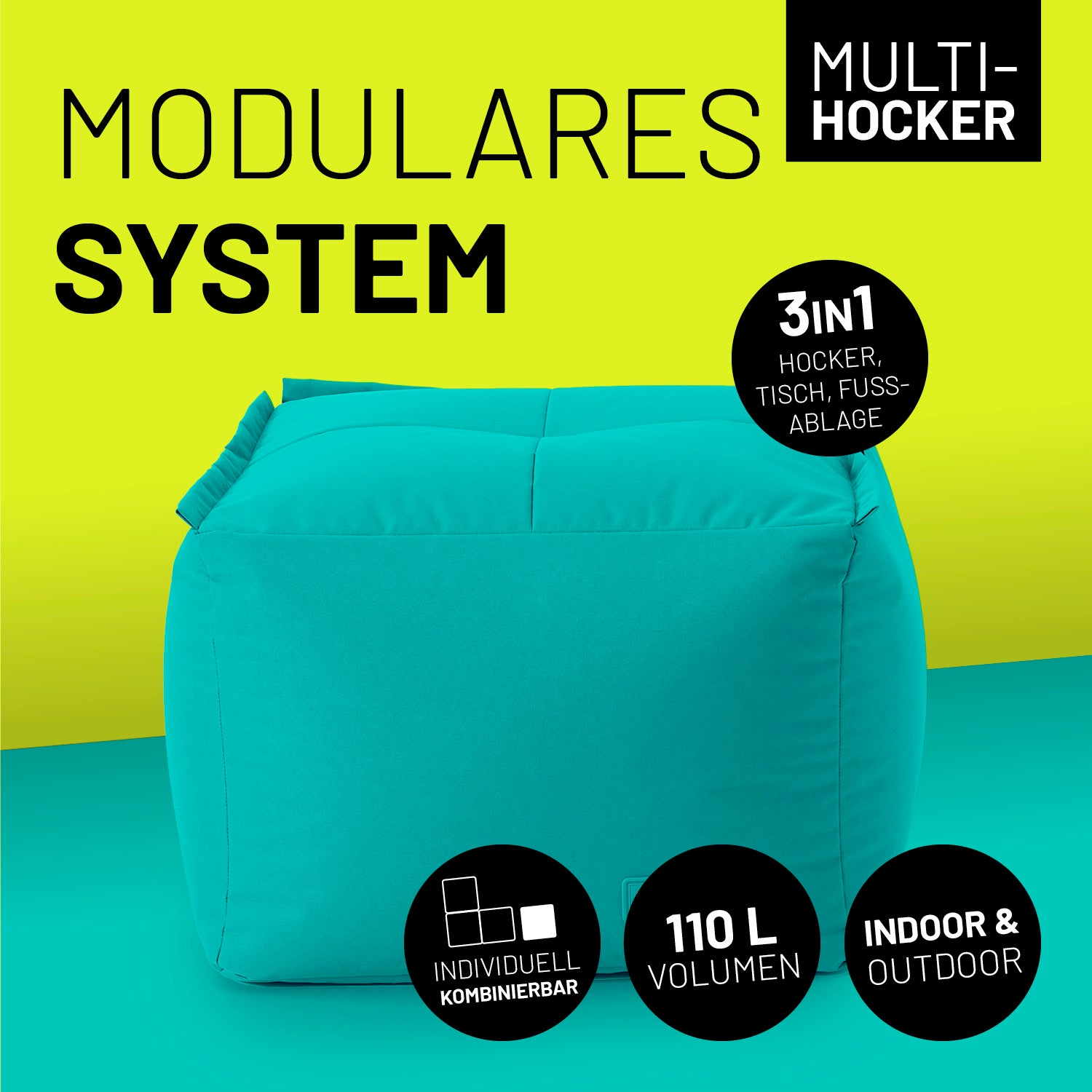 Hocker mit Icons "110 L Volumen", "individuell kombinierbar", "Indoor & Outdoor" und "3 in 1 - Hocker, Tisch & Fußablage".