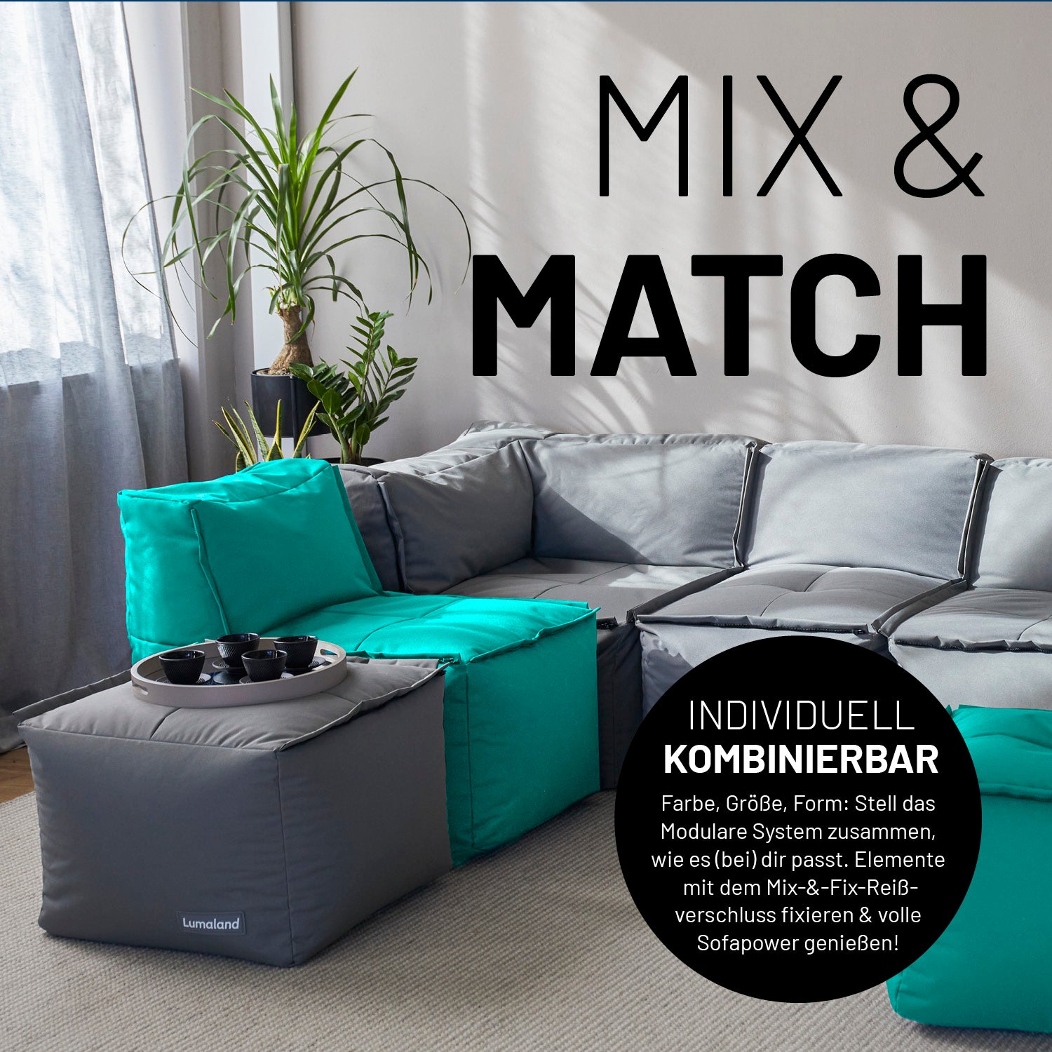 Türkise und Graue Sitzmöbel im Wohnzimmer mit Mix-&-Fix-Reißverschlusses kombinierbar nach Farbe, Größe oder Form.