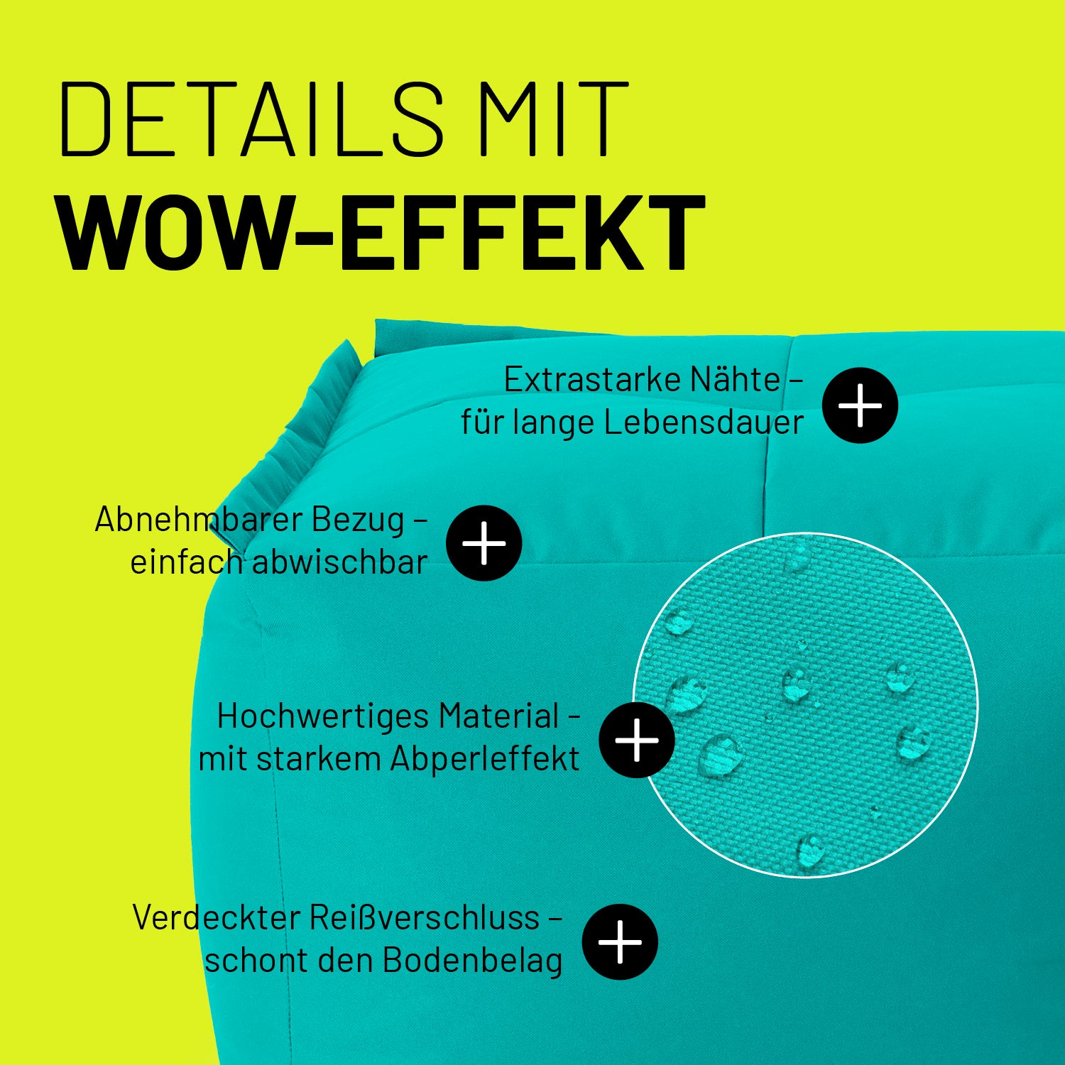 Hocker im Detail mit Informationen zu "Waschbarer Bezug", "Verdeckter Reißverschluss", Abperleffekt" und "Extrastarke Nähte".
