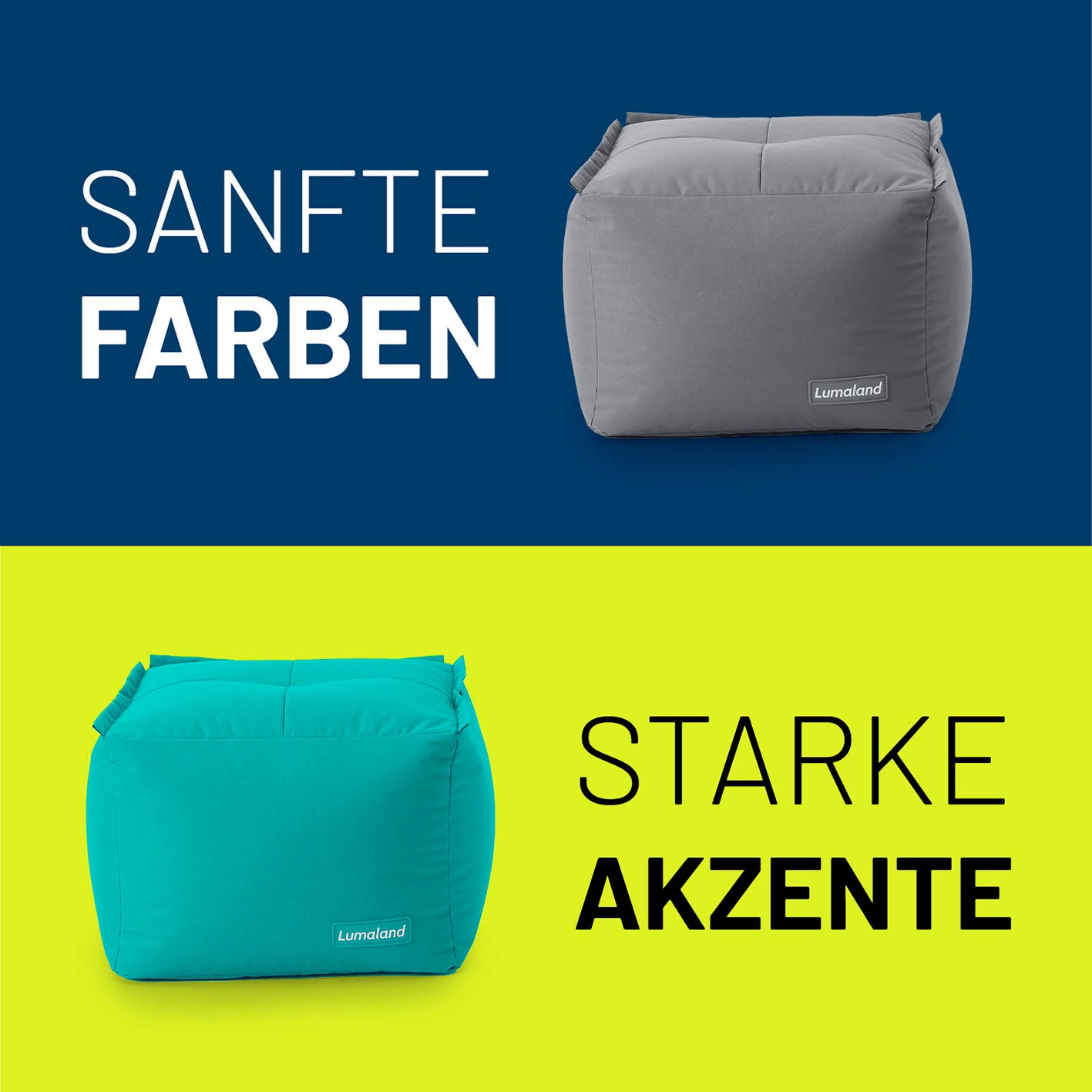 Hocker in Grau und Türkis auf Kontrastfarbe - Sanfte Farben & Starke Akzente.