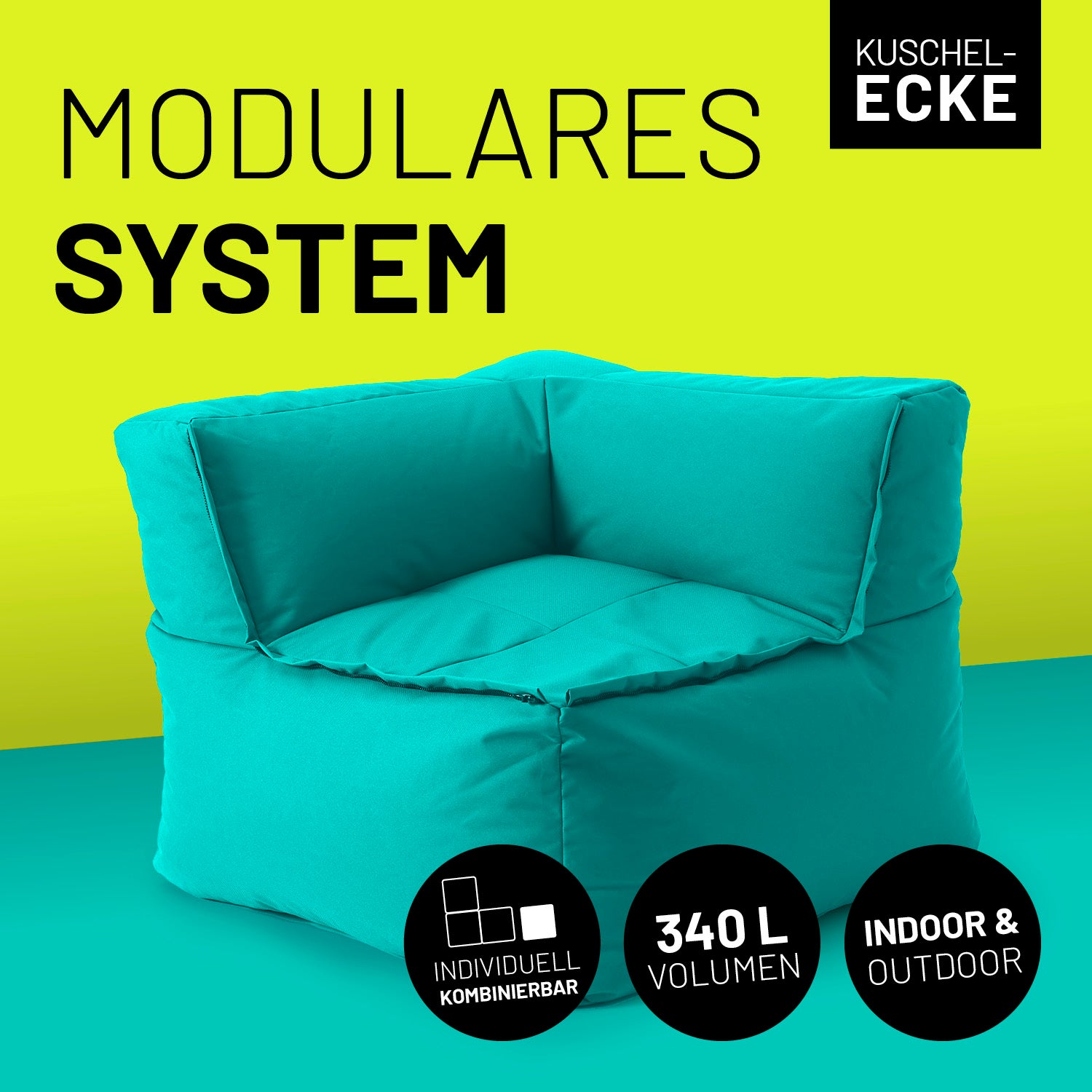 Türkises Eckteil vor Kontrastfarben mit Icons "340 L Volumen", "individuell kombinierbar" und "Indoor & Outdoor"