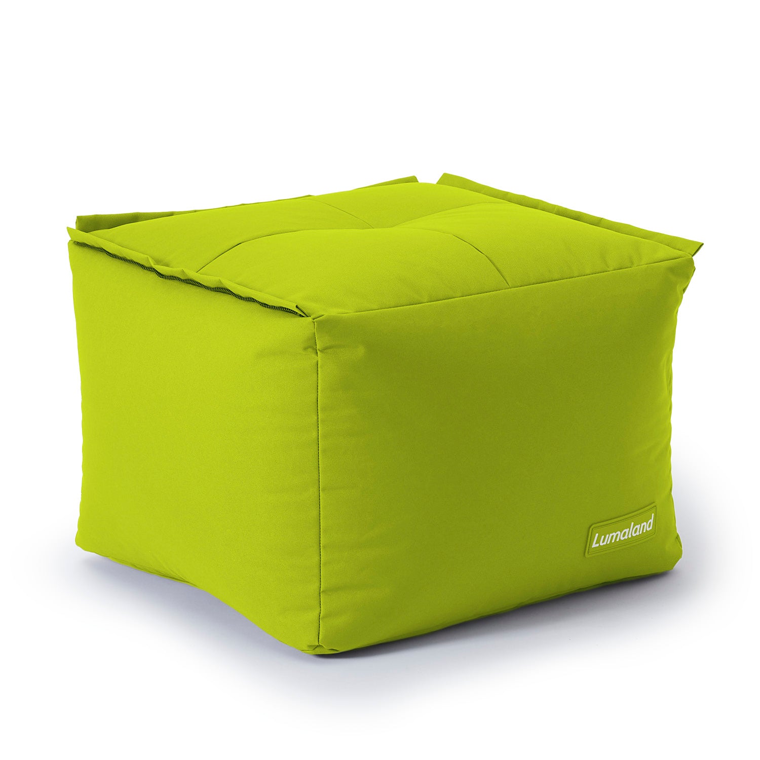 LUMALAND Indoor & Outdoor Hocker/Pouf in Apfelgrün aus der Reihe Modulares System vor weißem Hintergrund.