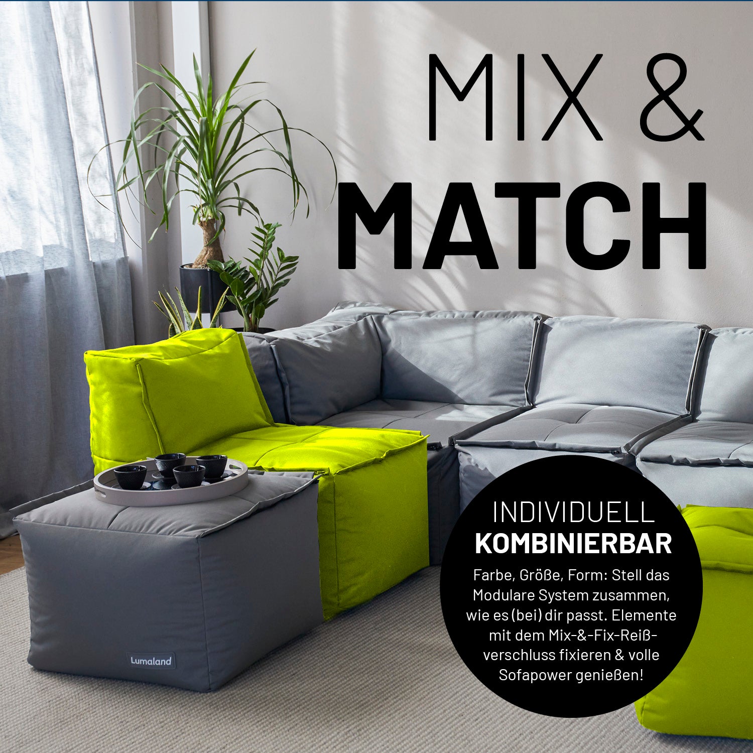 Apfelgrüne und Graue Sitzmöbel im Wohnzimmer mit Mix-&-Fix-Reißverschlusses kombinierbar nach Farbe, Größe oder Form.