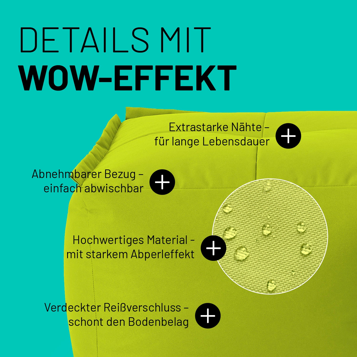 Hocker im Detail mit Informationen zu "Waschbarer Bezug", "Verdeckter Reißverschluss", Abperleffekt" und "Extrastarke Nähte".