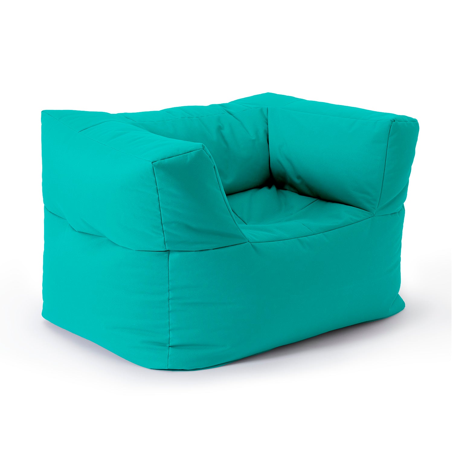 LUMALAND Indoor & Outdoor Sitzsack-Sessel in Türkis aus der Reihe Modulares System vor weißem Hintergrund.