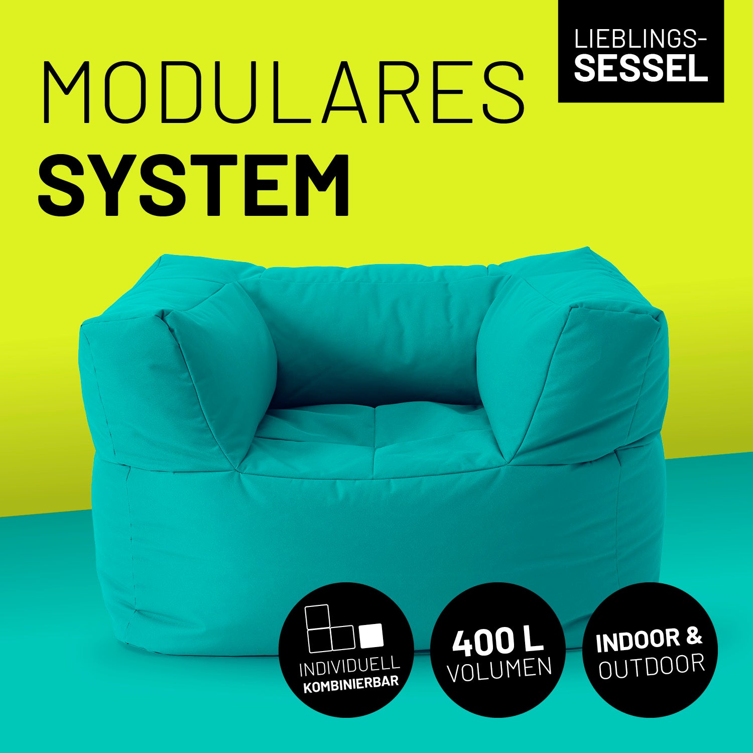 Türkiser Sessel vor Kontrastfarben mit Icons "400 L Volumen", "individuell kombinierbar" und "Indoor & Outdoor"