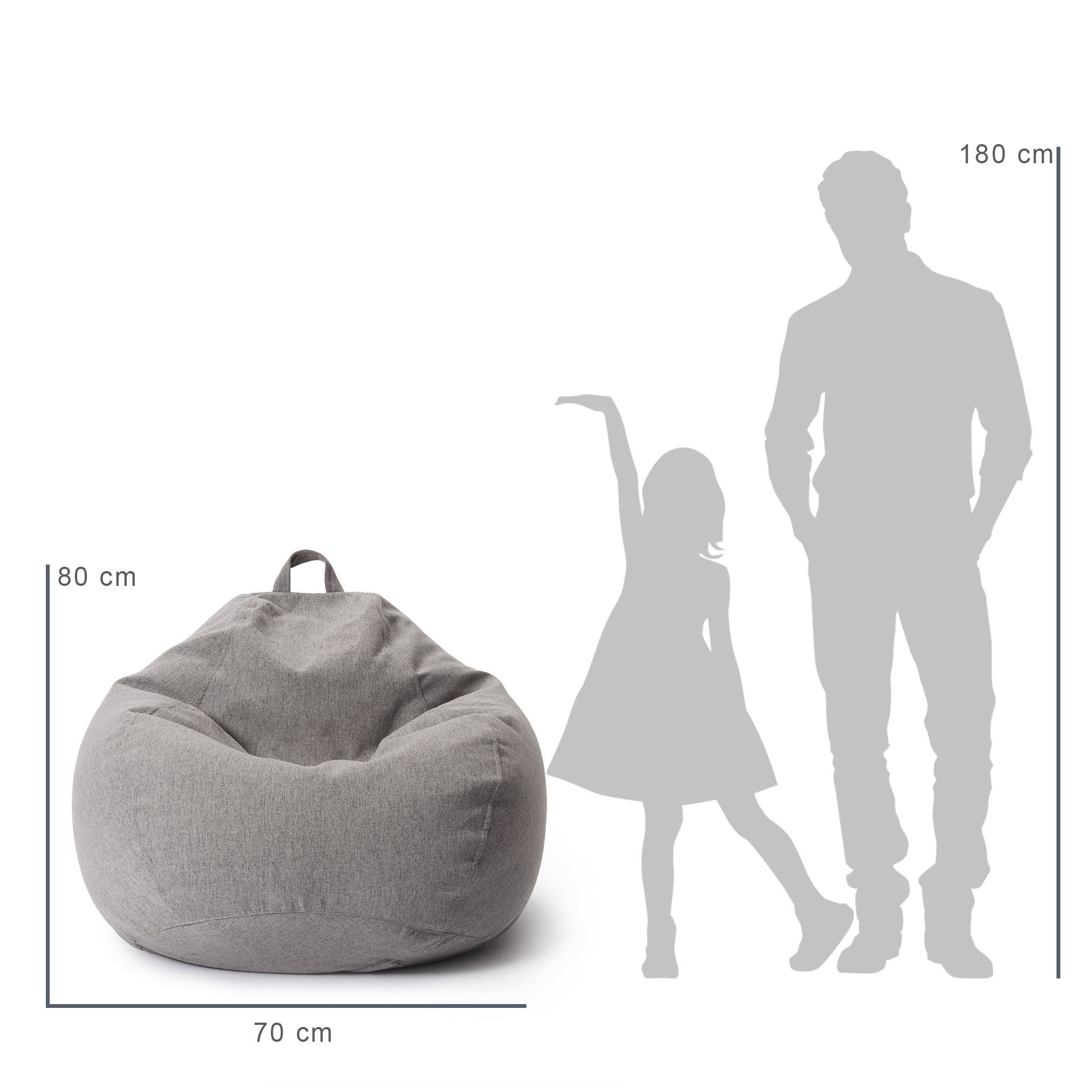 Vergleich des Sitzsack mit der Größe eines Kindes und eines Mannes durch deren Silhouette inkl. Maßangaben (80 x 70 cm).