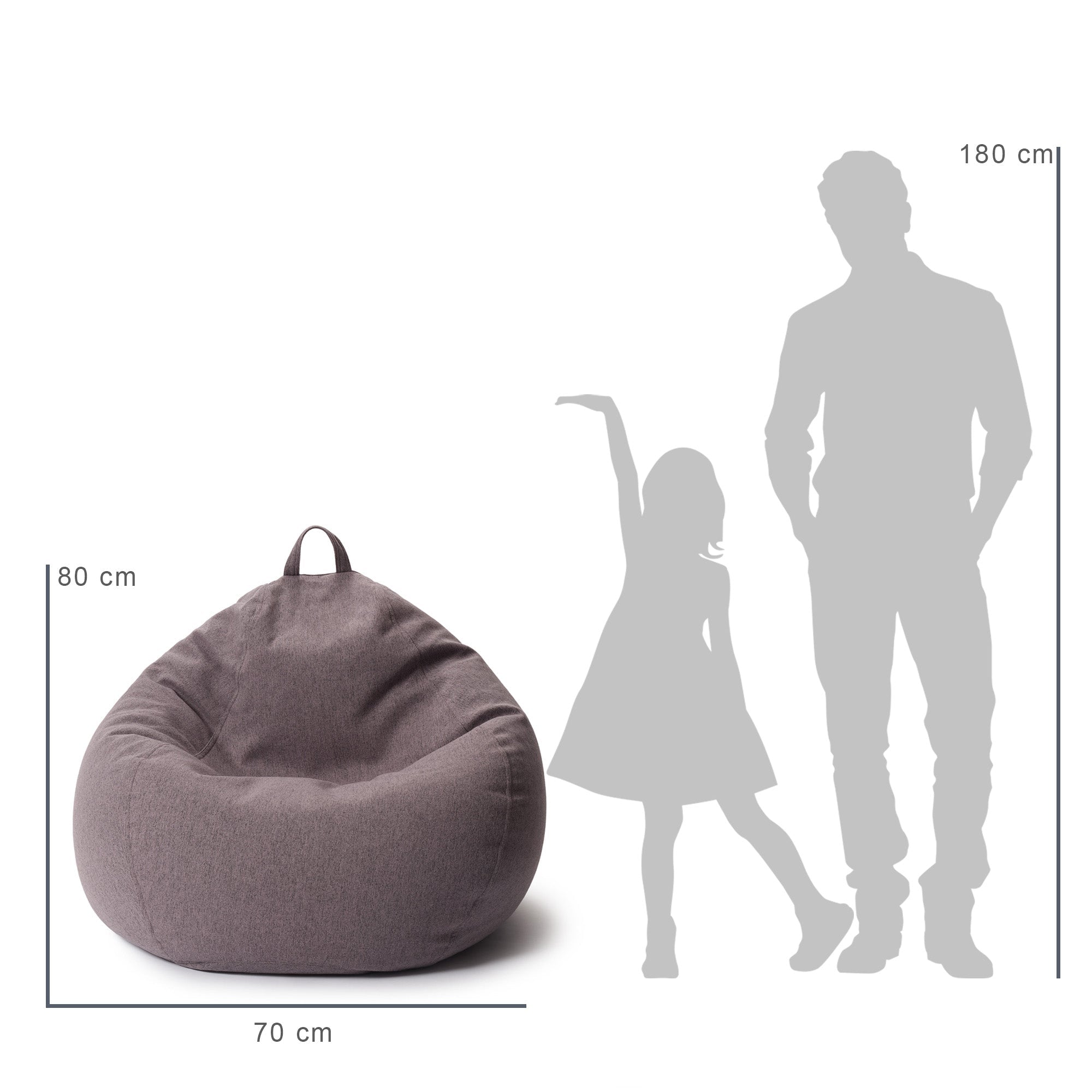 Vergleich des Sitzsack mit der Größe eines Kindes und eines Mannes durch deren Silhouette inkl. Maßangaben (80 x 70 cm).