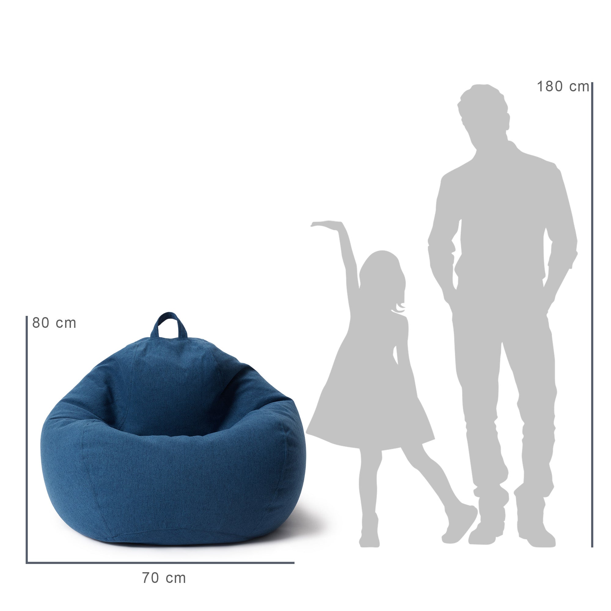 Vergleich des Sitzsack mit der Größe eines Kindes und eines Mannes durch deren Silhouette inkl. Maßangaben (80 x 70 cm).