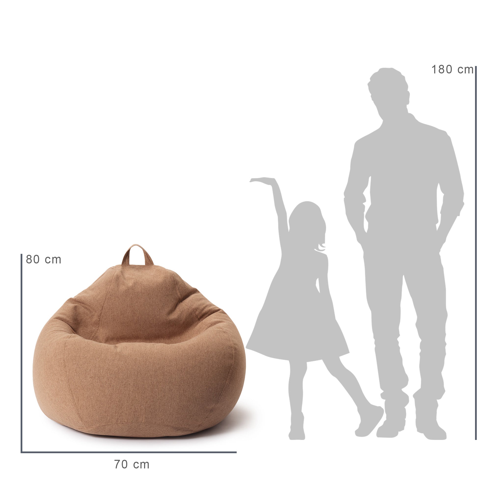 Vergleich des Sitzsack mit der Größe eines Kindes und eines Mannes durch deren Silhouette inkl. Maßangaben (80 x 70 cm).