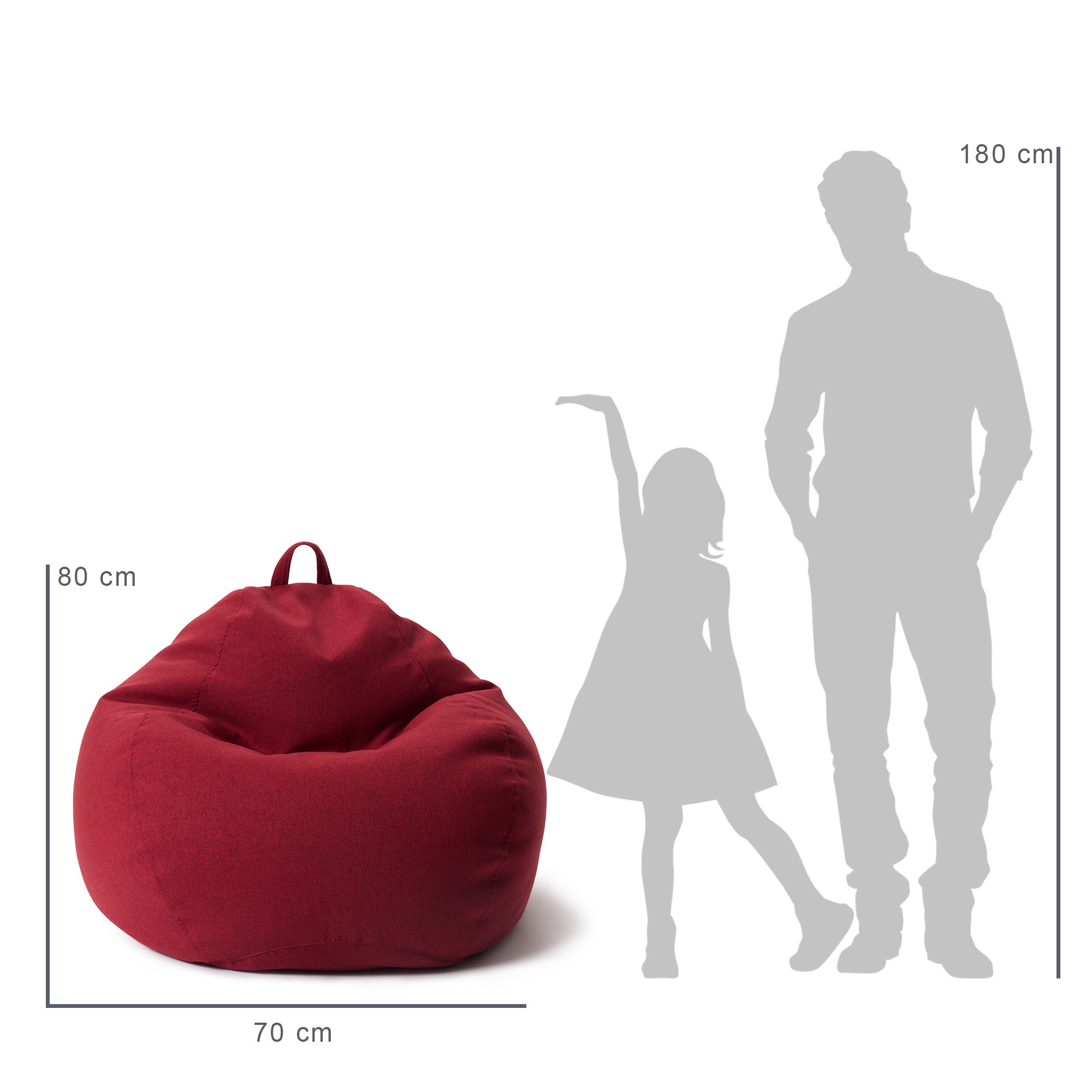 Vergleich des Sitzsack mit der Größe eines Kindes und eines Mannes durch deren Silhouette inkl. Maßangaben (80 x 70 cm).