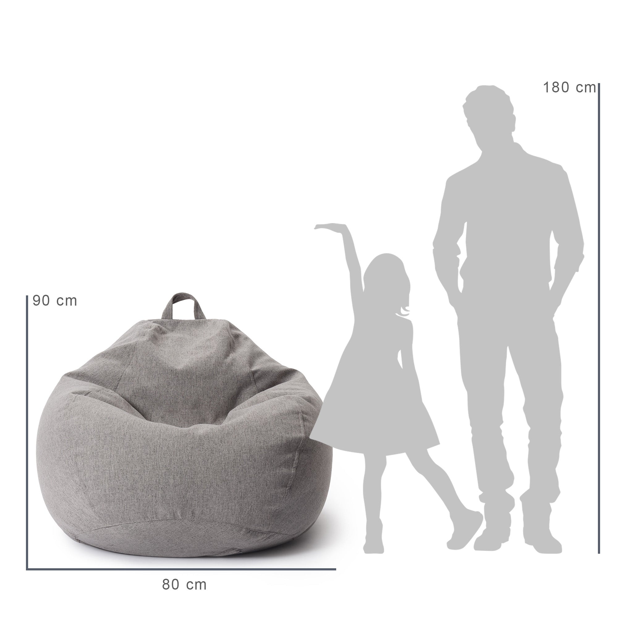 Vergleich des Sitzsack mit der Größe eines Kindes und eines Mannes durch deren Silhouette inkl. Maßangaben (90 x 80 cm).
