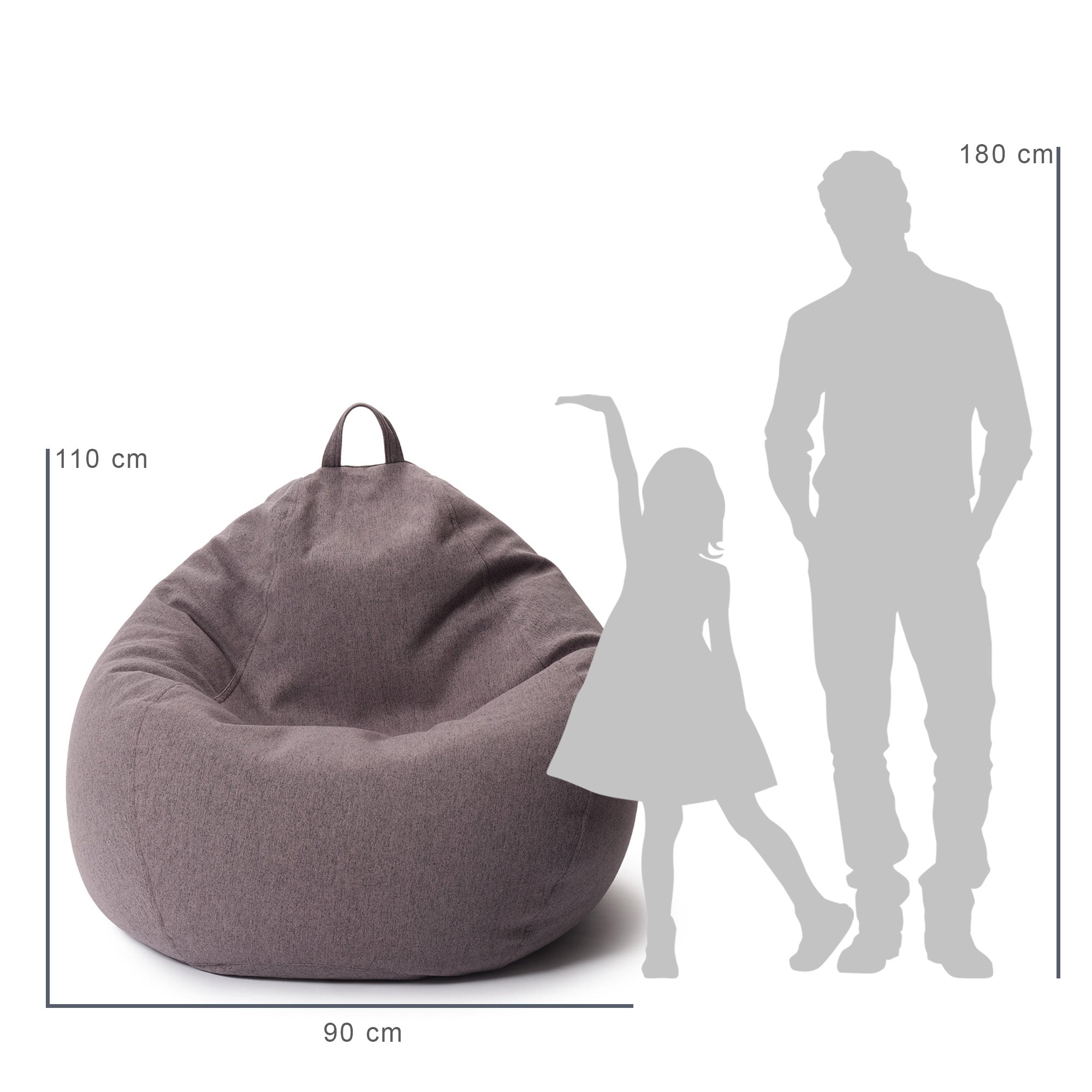 Vergleich des Sitzsack mit der Größe eines Kindes und eines Mannes durch deren Silhouette inkl. Maßangaben (110 x 90 cm).