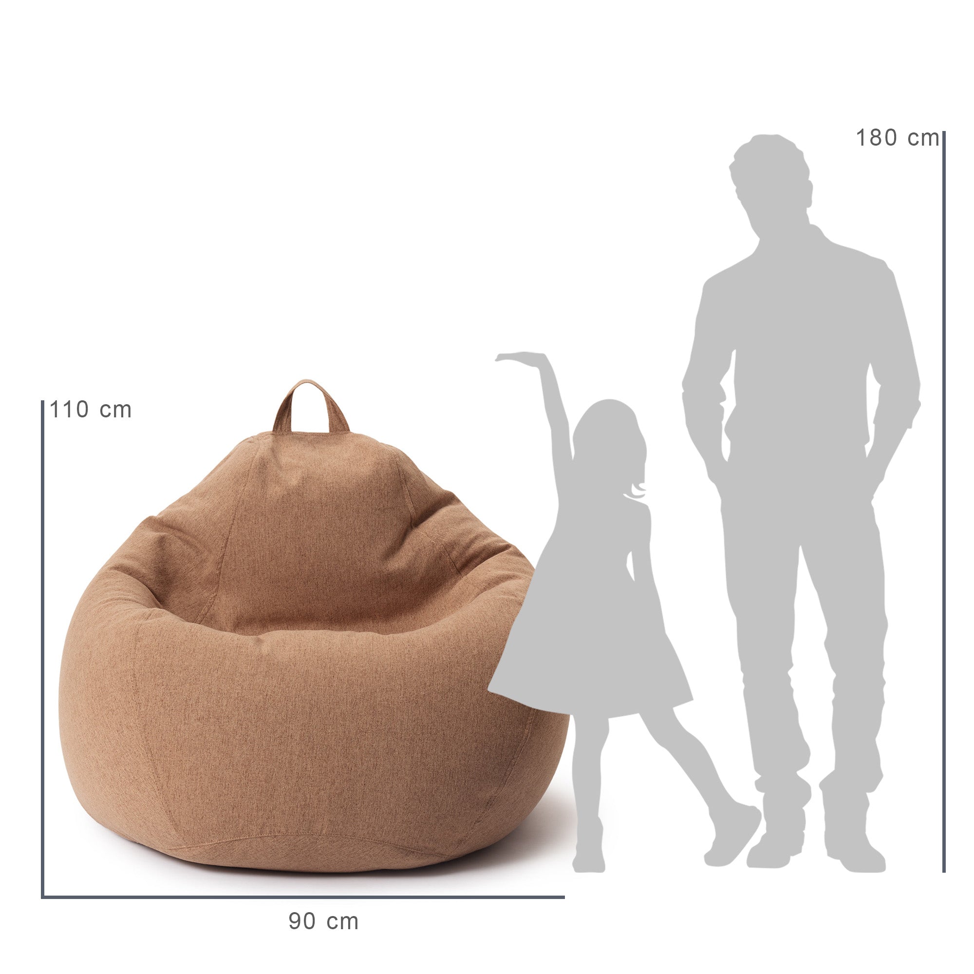 Vergleich des Sitzsack mit der Größe eines Kindes und eines Mannes durch deren Silhouette inkl. Maßangaben (110 x 90 cm).