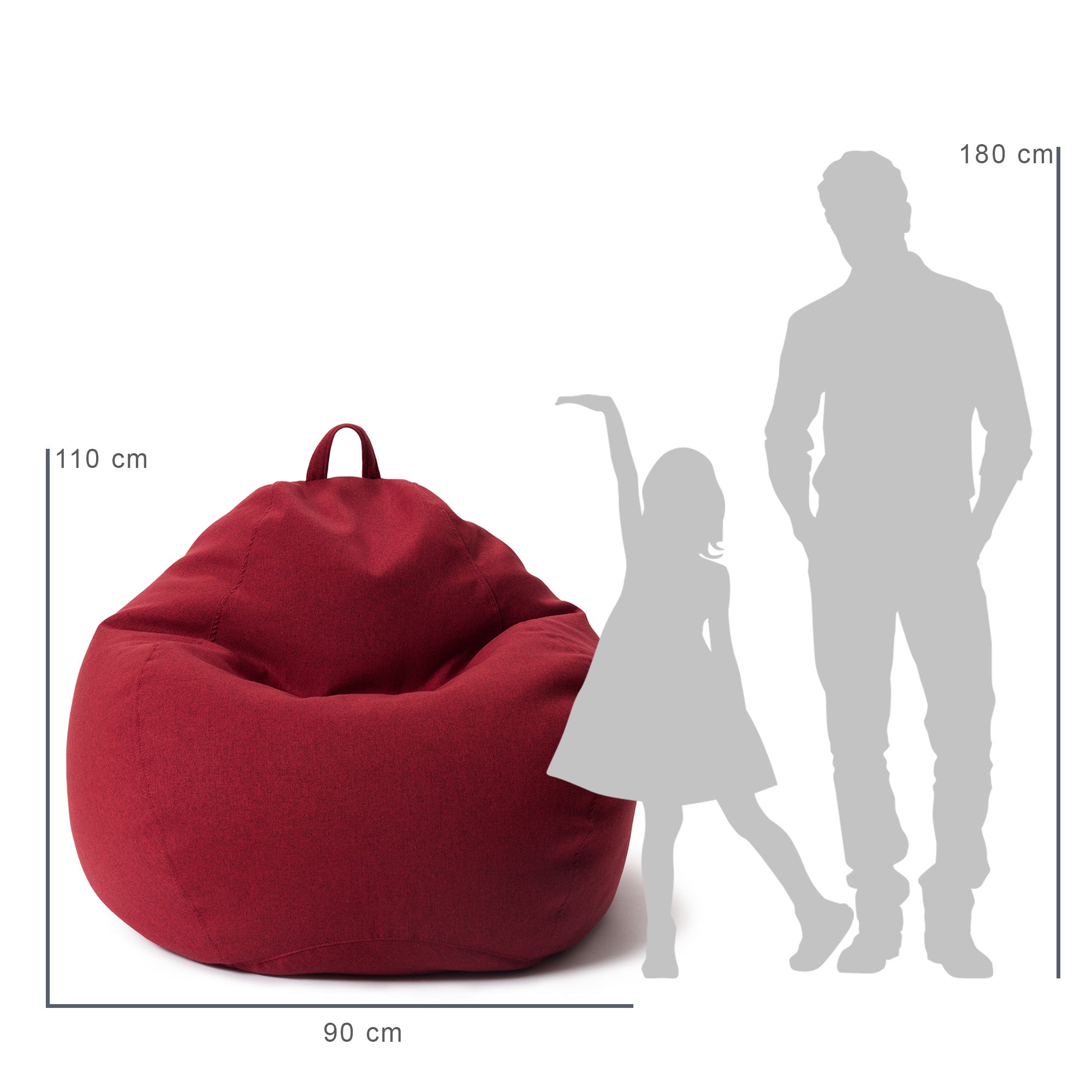 Vergleich des Sitzsack mit der Größe eines Kindes und eines Mannes durch deren Silhouette inkl. Maßangaben (110 x 90 cm).