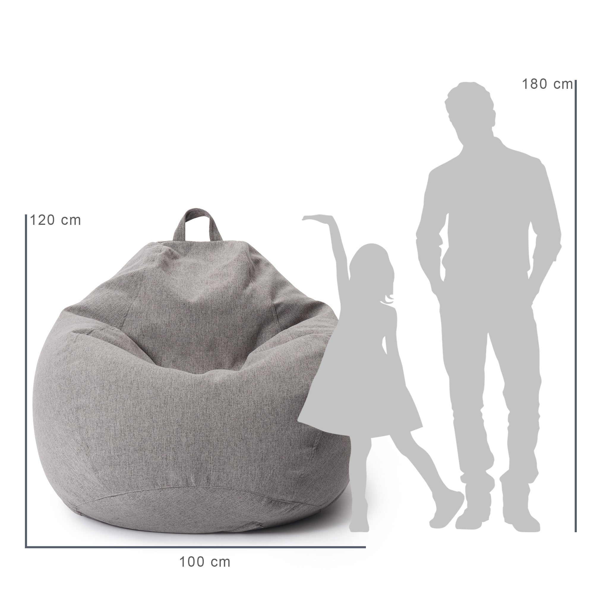 Vergleich des Sitzsack mit der Größe eines Kindes und eines Mannes durch deren Silhouette inkl. Maßangaben (120 x 100 cm).