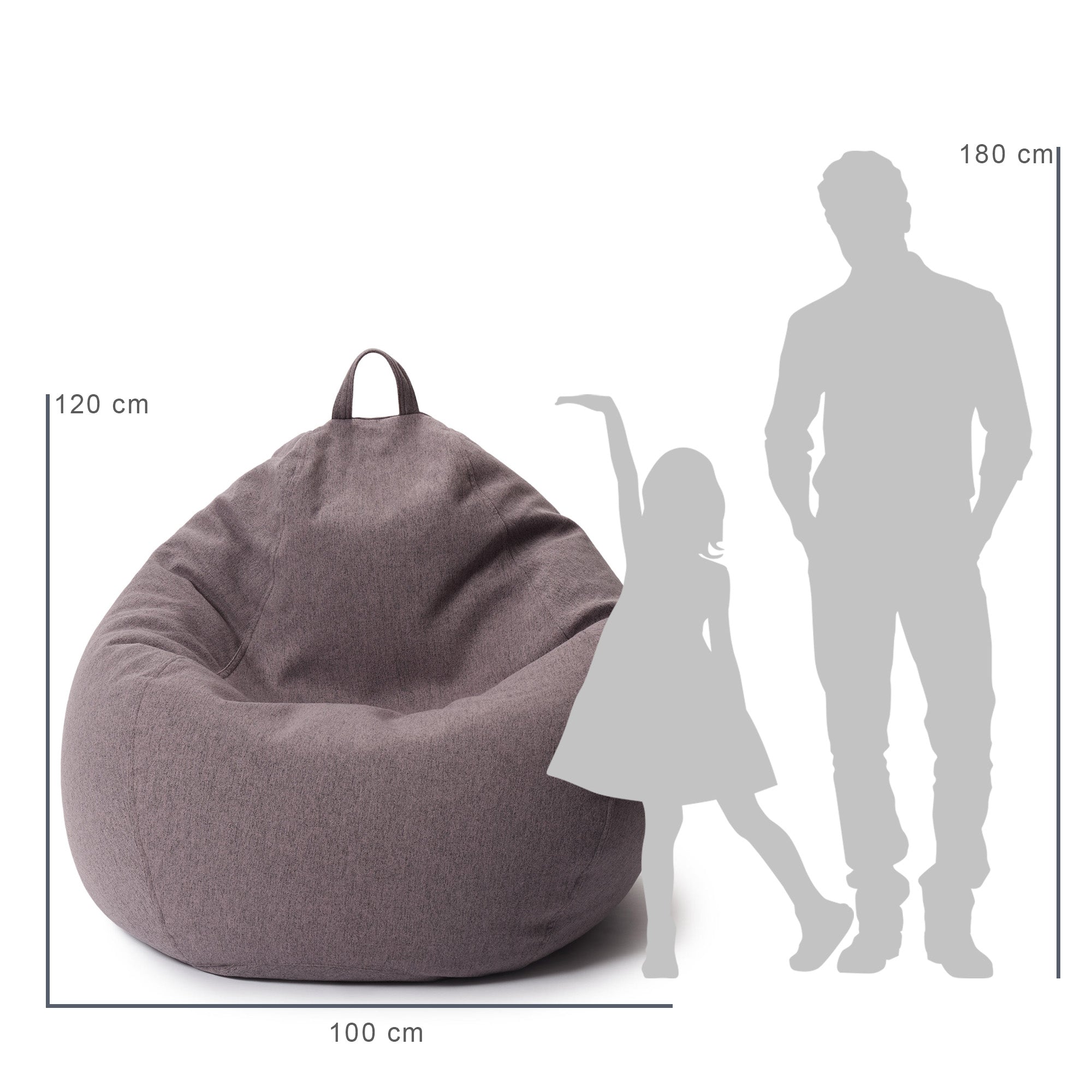 Vergleich des Sitzsack mit der Größe eines Kindes und eines Mannes durch deren Silhouette inkl. Maßangaben (120 x 100 cm).