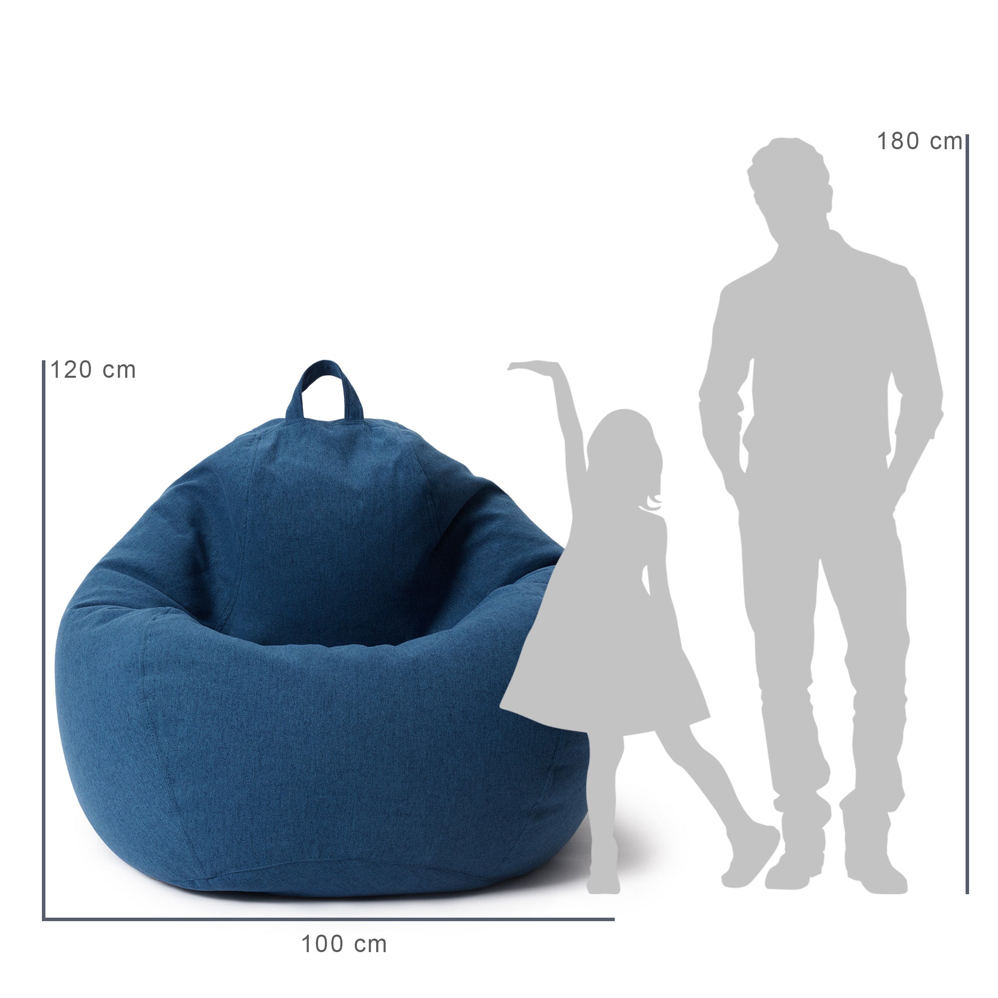 Vergleich des Sitzsack mit der Größe eines Kindes und eines Mannes durch deren Silhouette inkl. Maßangaben (120 x 100 cm).