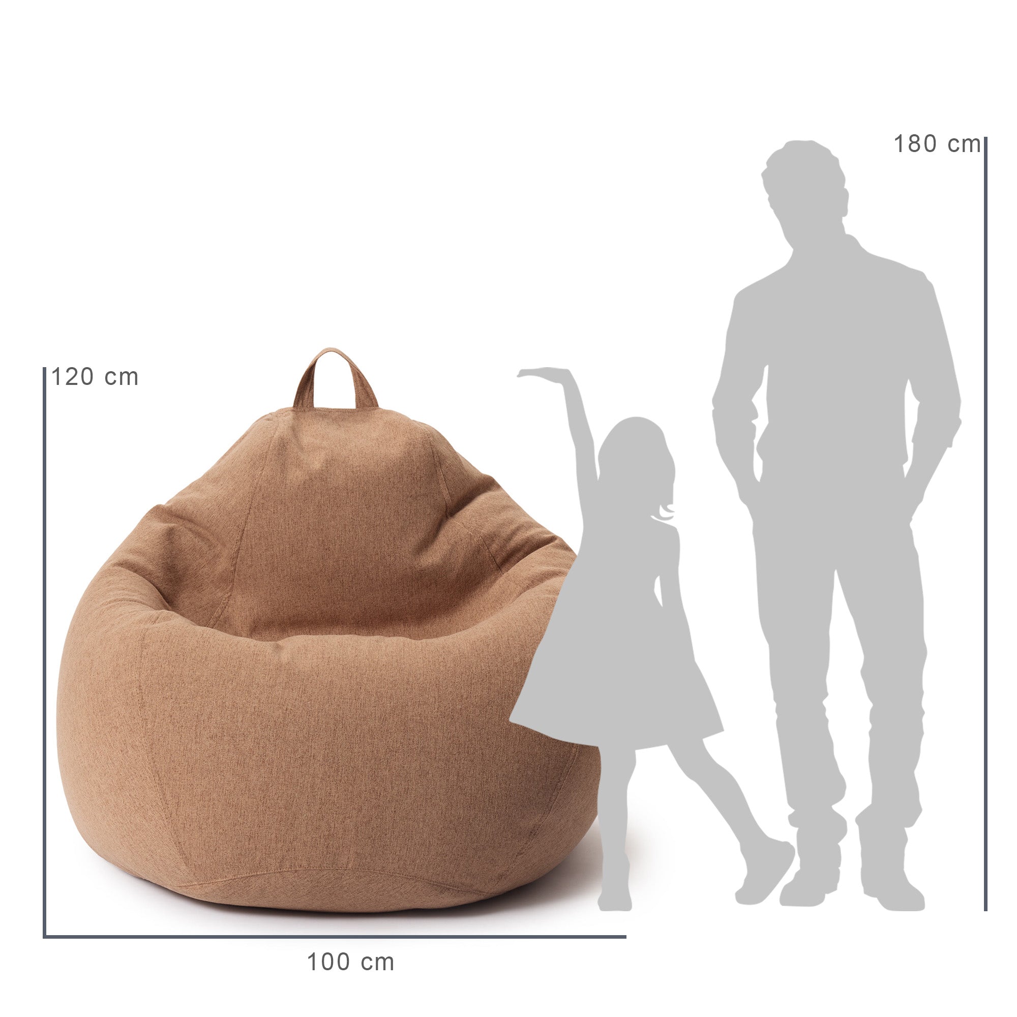 Vergleich des Sitzsack mit der Größe eines Kindes und eines Mannes durch deren Silhouette inkl. Maßangaben (120 x 100 cm).