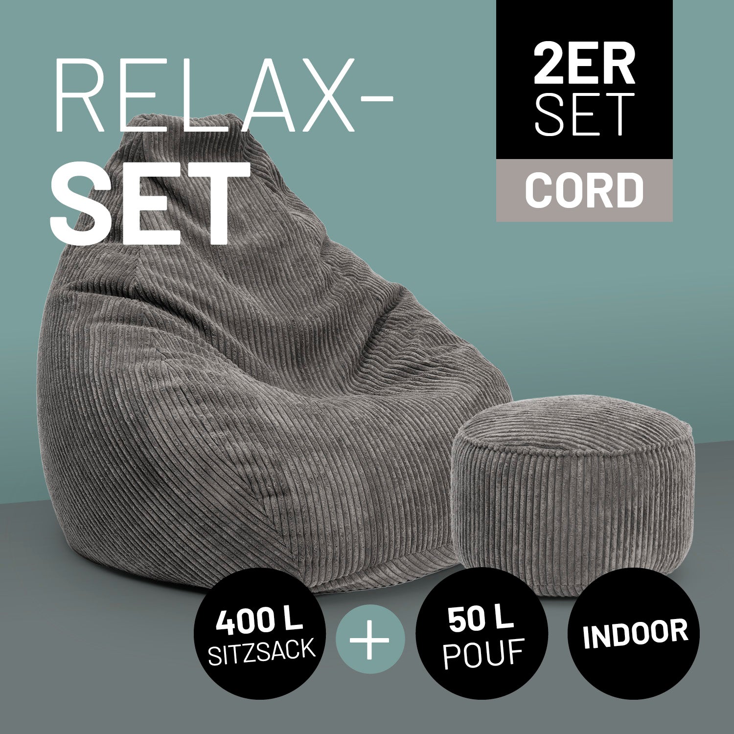 Das graue Relax Set bestehend aus Sitzsack und passenden Pouf in Cord. Icons "2er-Set Cord", "400 L Sitzsack" + "50 L Pouf" und "Indoor". 