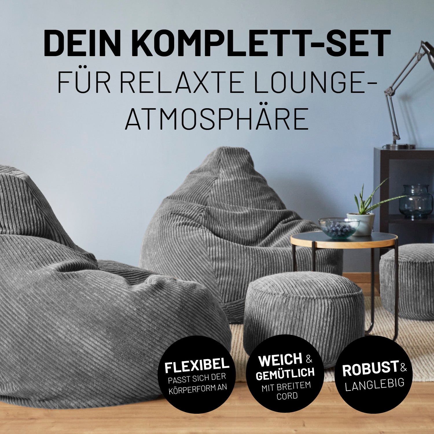 Graues Sitzsack-Set aus Cordstoff in moderner Lounge. Icons mit "Flexibel - Passt sich der Körperform an", "Weich & Gemütlich" und "Robust & Langlebig."