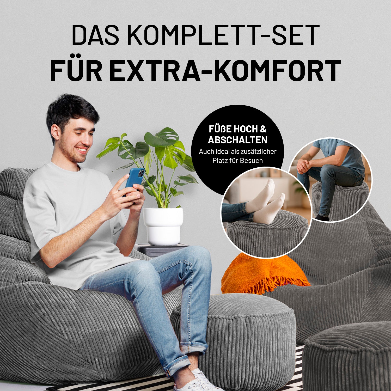 Ein Mann sitzt entspannt auf einem grauen Cord-Sitzsack mit passendem Pouf. Text betont Komfort und Vielseitigkeit – ideal zum Füßehochlegen und Entspannen.