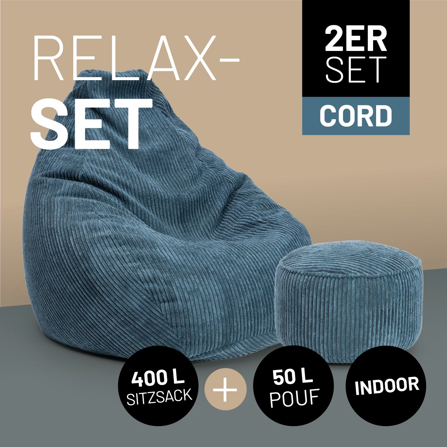 Das navyblaue Relax Set bestehend aus Sitzsack und passenden Pouf in Cord. Icons "2er-Set Cord", "400 L Sitzsack" + "50 L Pouf" und "Indoor". 