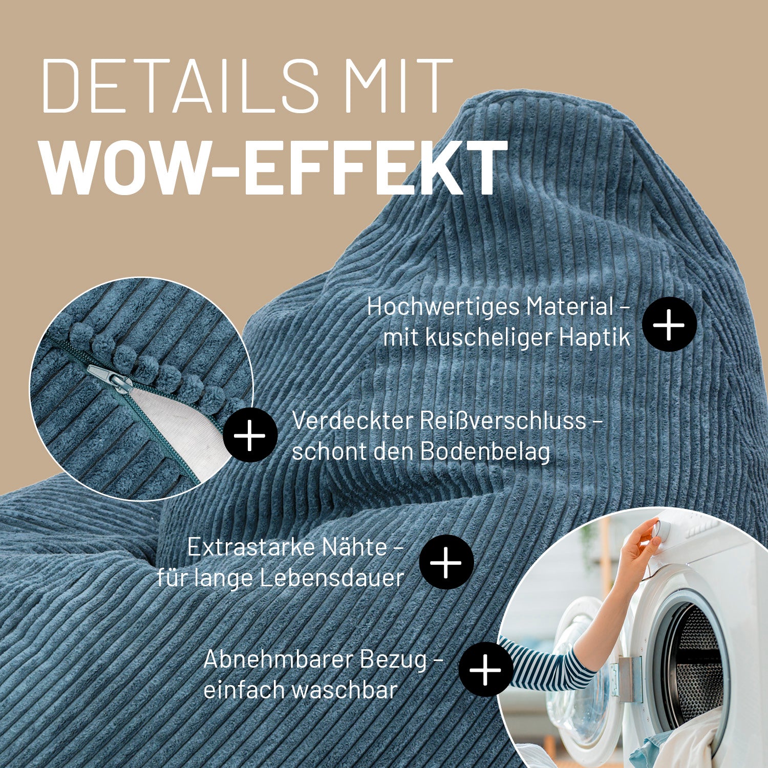 Navyblauer Cord-Sitzsack im Detail mit Informationen zu "Verdeckter Reißverschluss", "Extrastarke Nähte" und "Waschbarer Bezug".