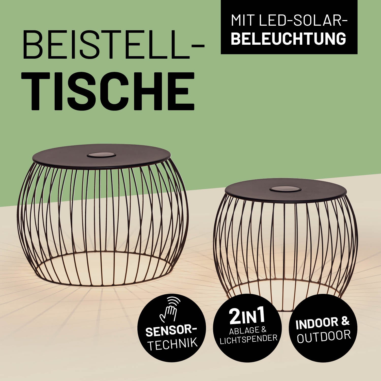 Leuchtende 2 in 1 Beistelltische und Ablage mit Informationen in Icons zur LED-Solar-Beleuchtung und der Sensor-Technik.