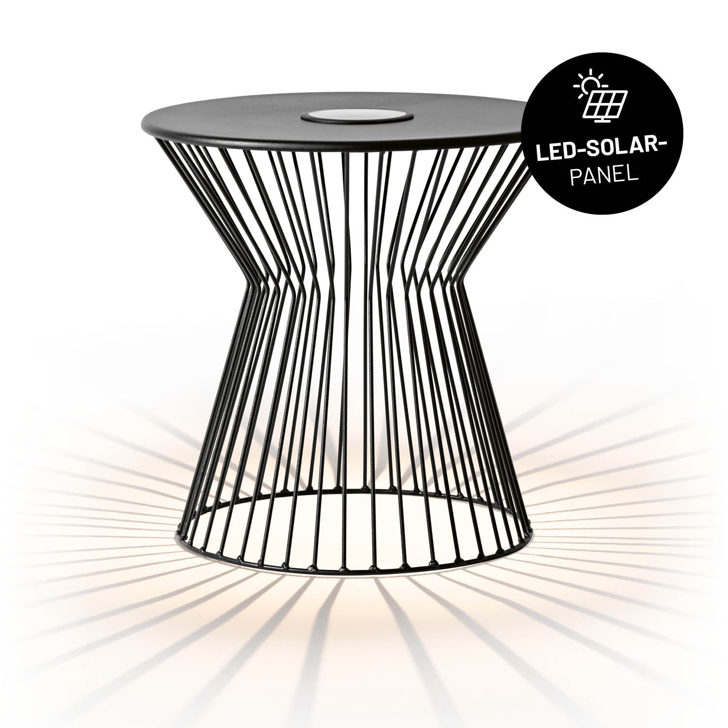 Sich in der Mitte verjüngender LUMALAND Beistelltisch in Schwarz aus pulverbeschichtetem Metallstreben mit LED-Solar Panel. 