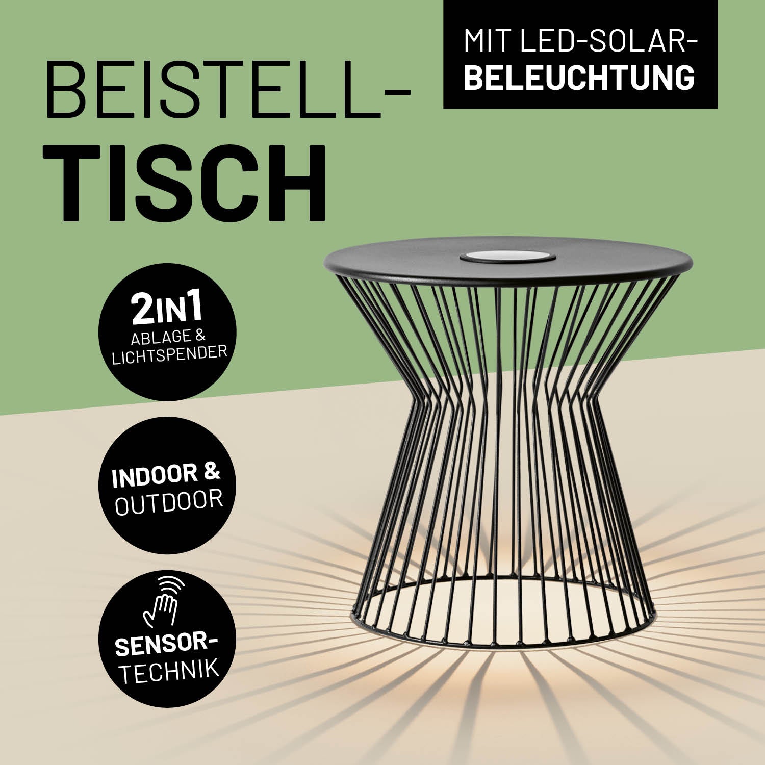 Leuchtender 2 in 1 Beistelltisch und Ablage mit Informationen in Icons zur LED-Solar-Beleuchtung und der Sensor-Technik.