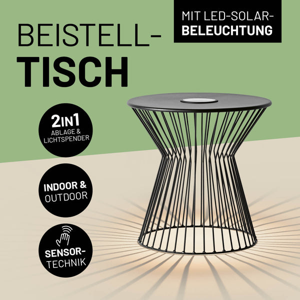 Leuchtender 2 in 1 Beistelltisch und Ablage mit Informationen in Icons zur LED-Solar-Beleuchtung und der Sensor-Technik.