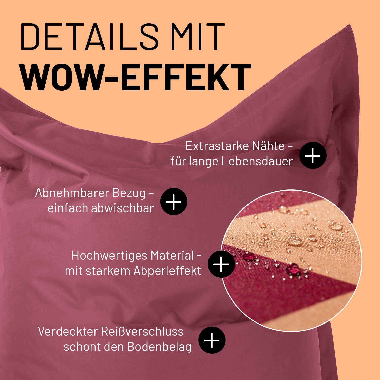 XXL Sitzsack Karo in Weinrot mit Produktinformationen: Verdeckter Reißverschluss, abnehmbarer Bezug & extra starke Nähte. 