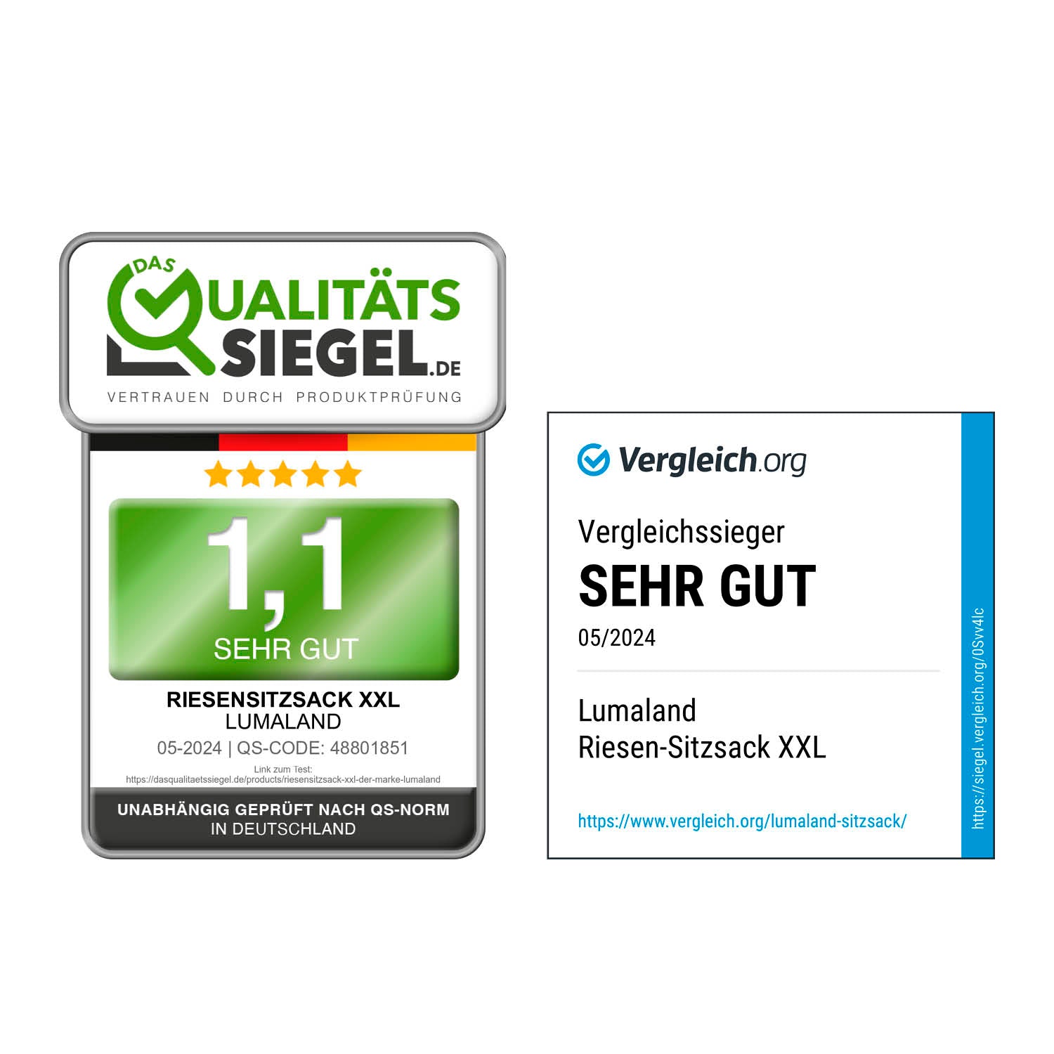 Qualitäts-Siegel mit Note 1,1 = Sehr Gut, sowie Vergleich.org Siegel mit Vergleichsieger, Note Sehr Gut. 