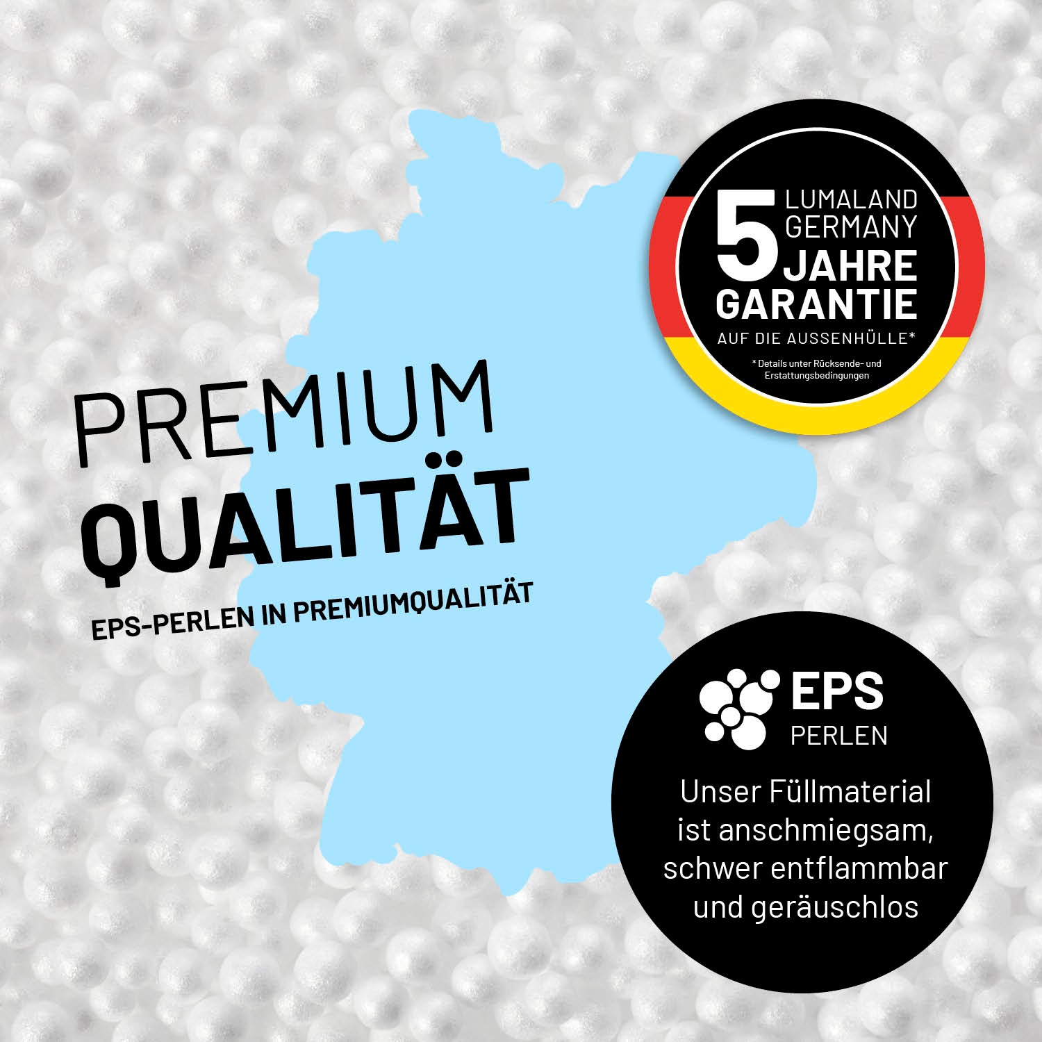 Umrisse der Deutschland-Karte mit Hinweis auf die EPS-Perlen und LUMALAND Germany 5 Jahre Garantie auf die Aussenhülle.