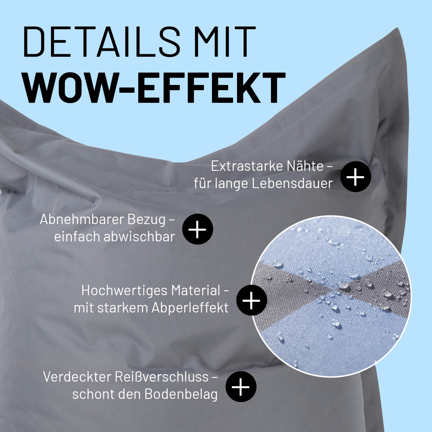 XXL Sitzsack Karo in Grau mit Produktinformationen: Verdeckter Reißverschluss, abnehmbarer Bezug & extra starke Nähte. 