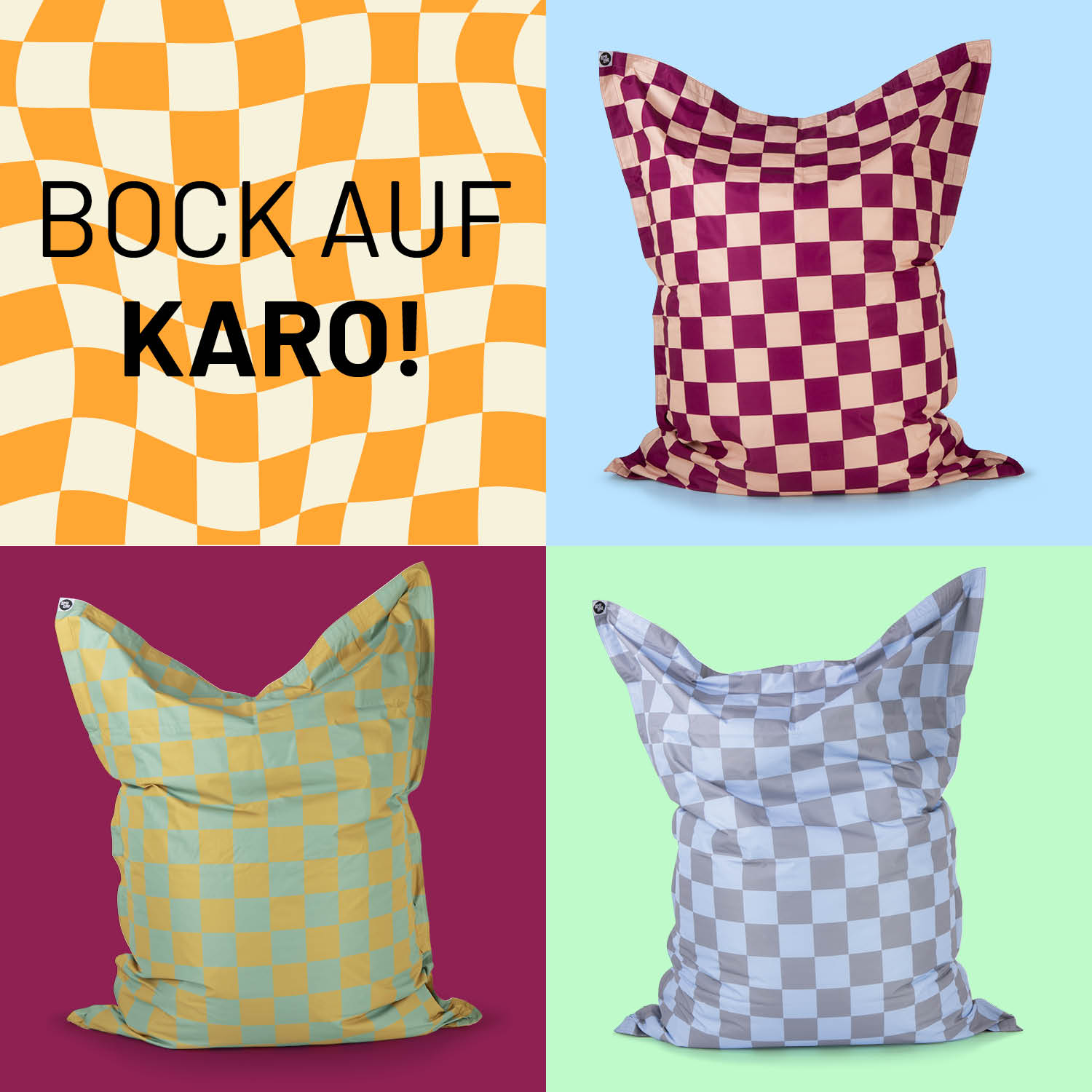 Produktfamilie des XXL Sitzsack Karo in den verschiedenen Farbkombinationen vor Kontrastfarben - Bock auf Karo?
