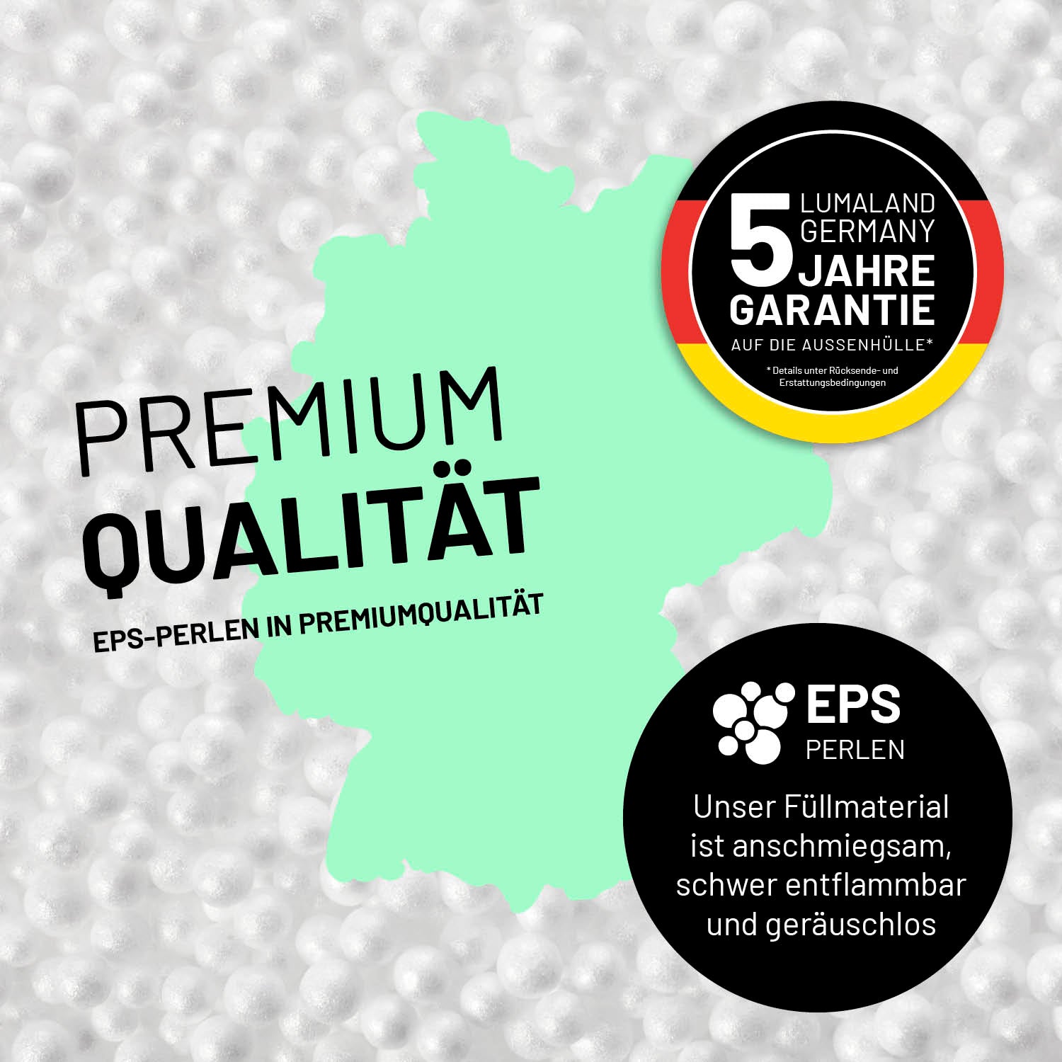 Umrisse der Deutschland-Karte mit Hinweis auf die EPS-Perlen und LUMALAND Germany 5 Jahre Garantie auf die Aussenhülle.