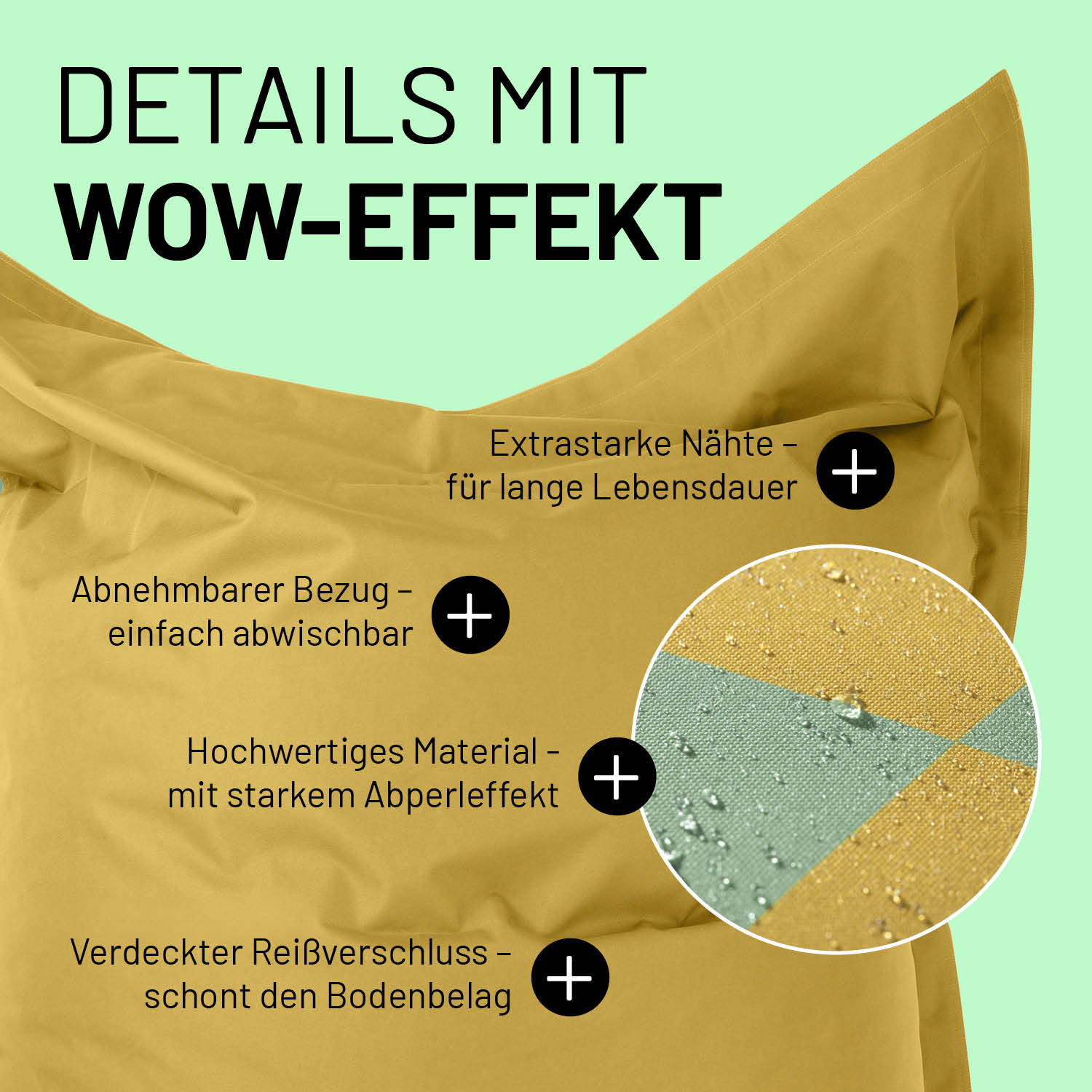 XXL Sitzsack Karo in Senfgelb mit Produktinformationen: Verdeckter Reißverschluss, abnehmbarer Bezug & extra starke Nähte. 