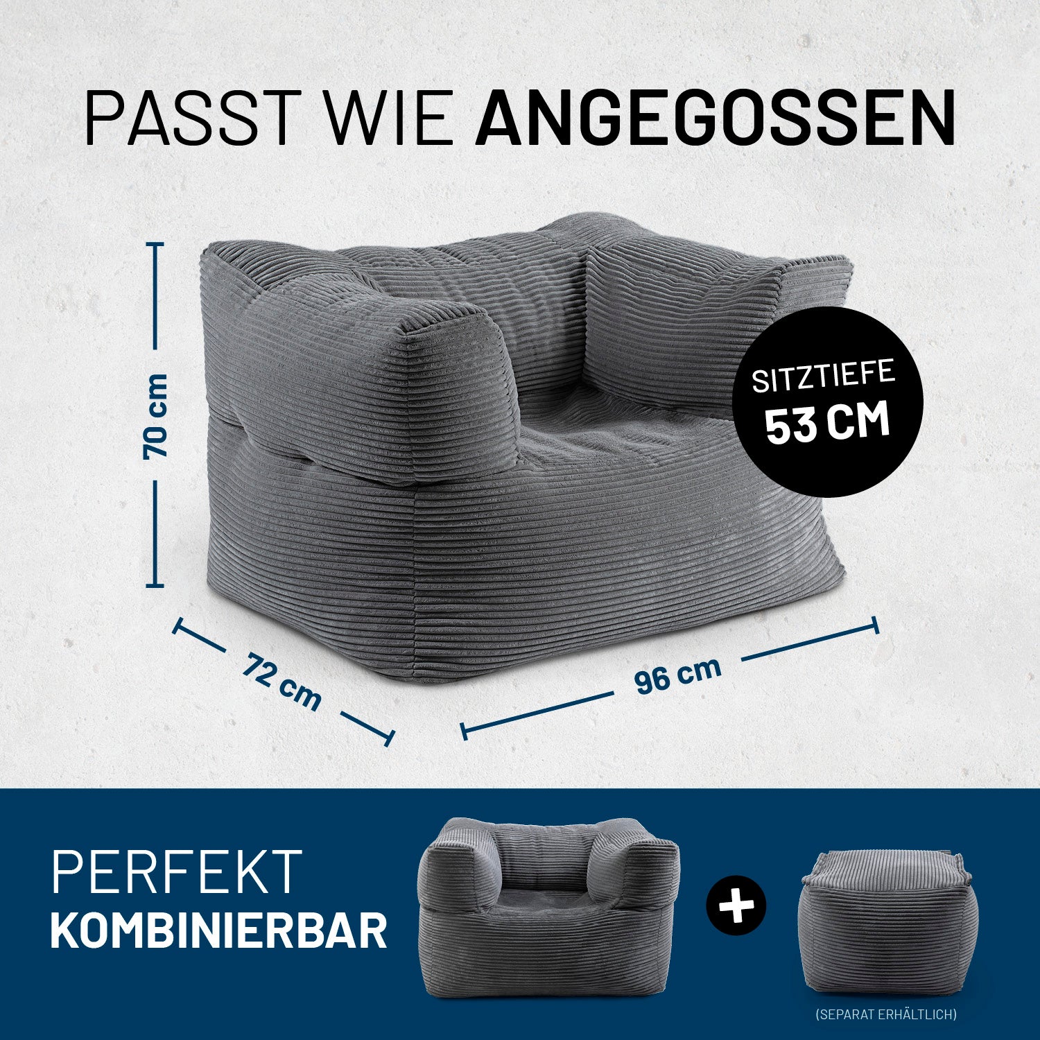 Grauer, weich gepolsterter Sessel mit Maßen 70×72×96 cm und 53 cm Sitztiefe, unten ergänzt durch kombinierbaren passenden Hocker.