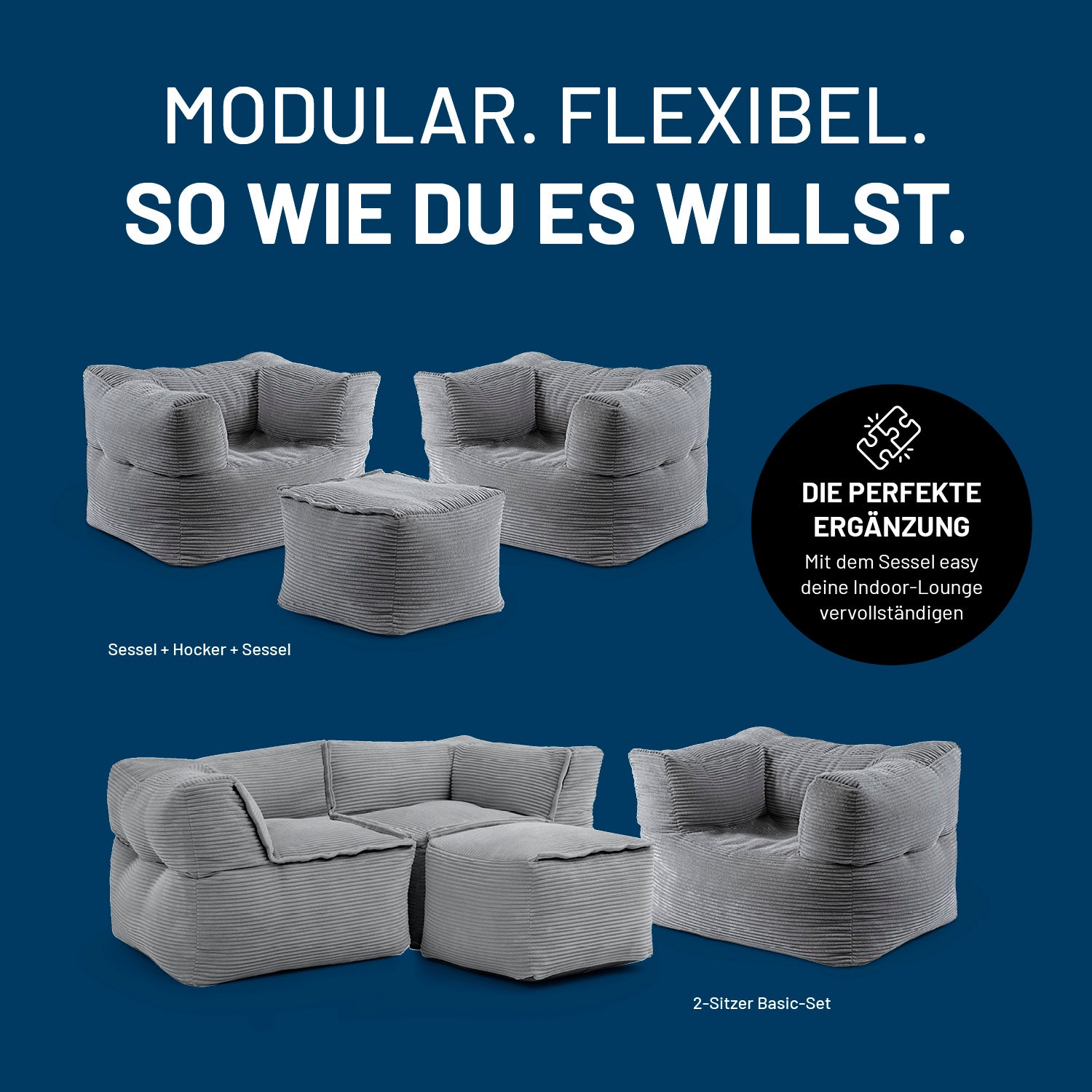 Sessel und Hocker des LUMALAND Modularen Systems in variablen Kombinationen, flexibel erweiterbar für individuelle Indoor-Lounge-Layouts.
